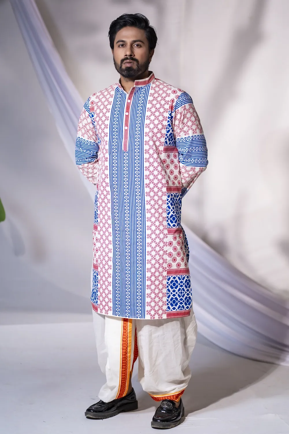 Classic White Cotton Printed Men's Panjabi
