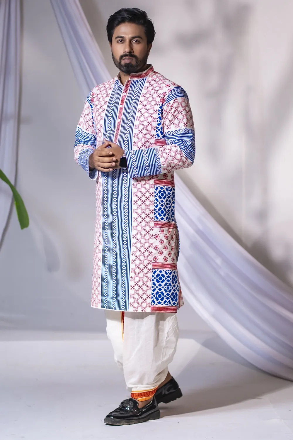 Classic White Cotton Printed Men's Panjabi