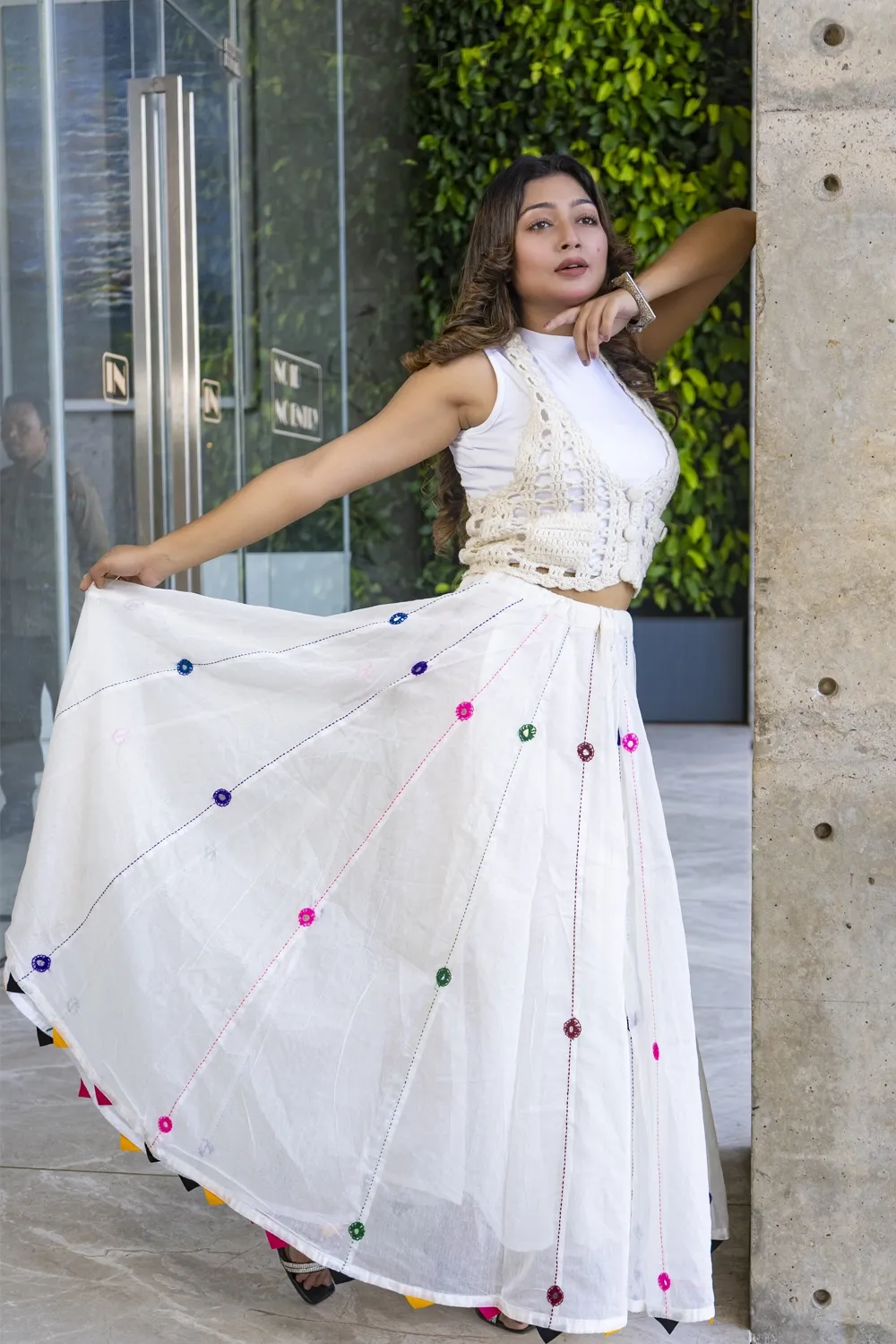 Off-White Half Silk Women's Skirt with Patchwork & Handwork