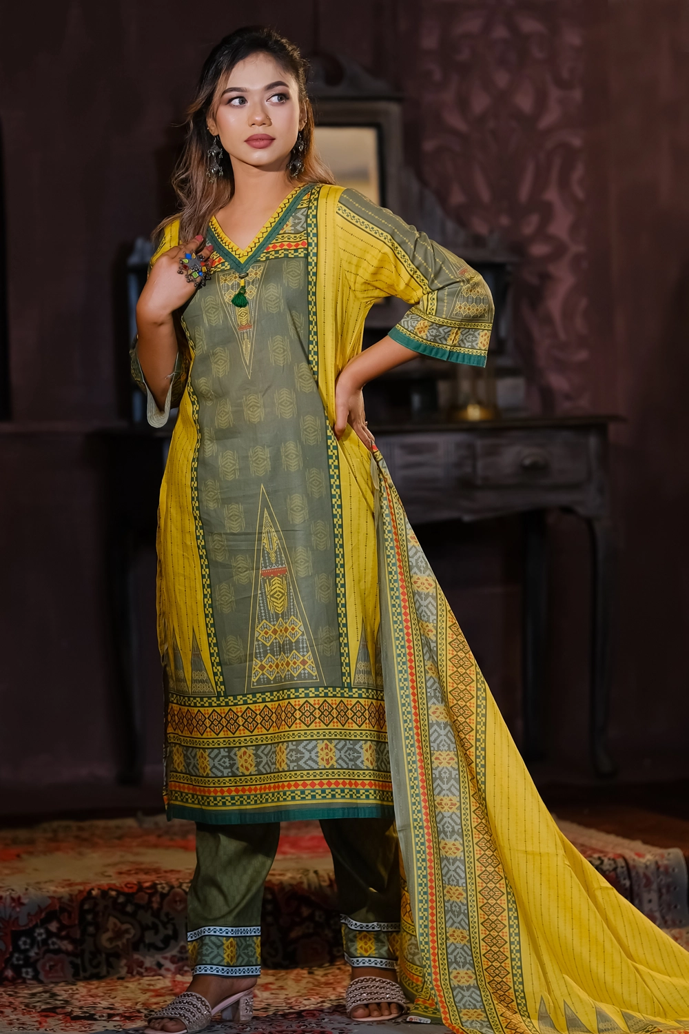 Olive Cotton Printed Unstitched 3-Piece Set