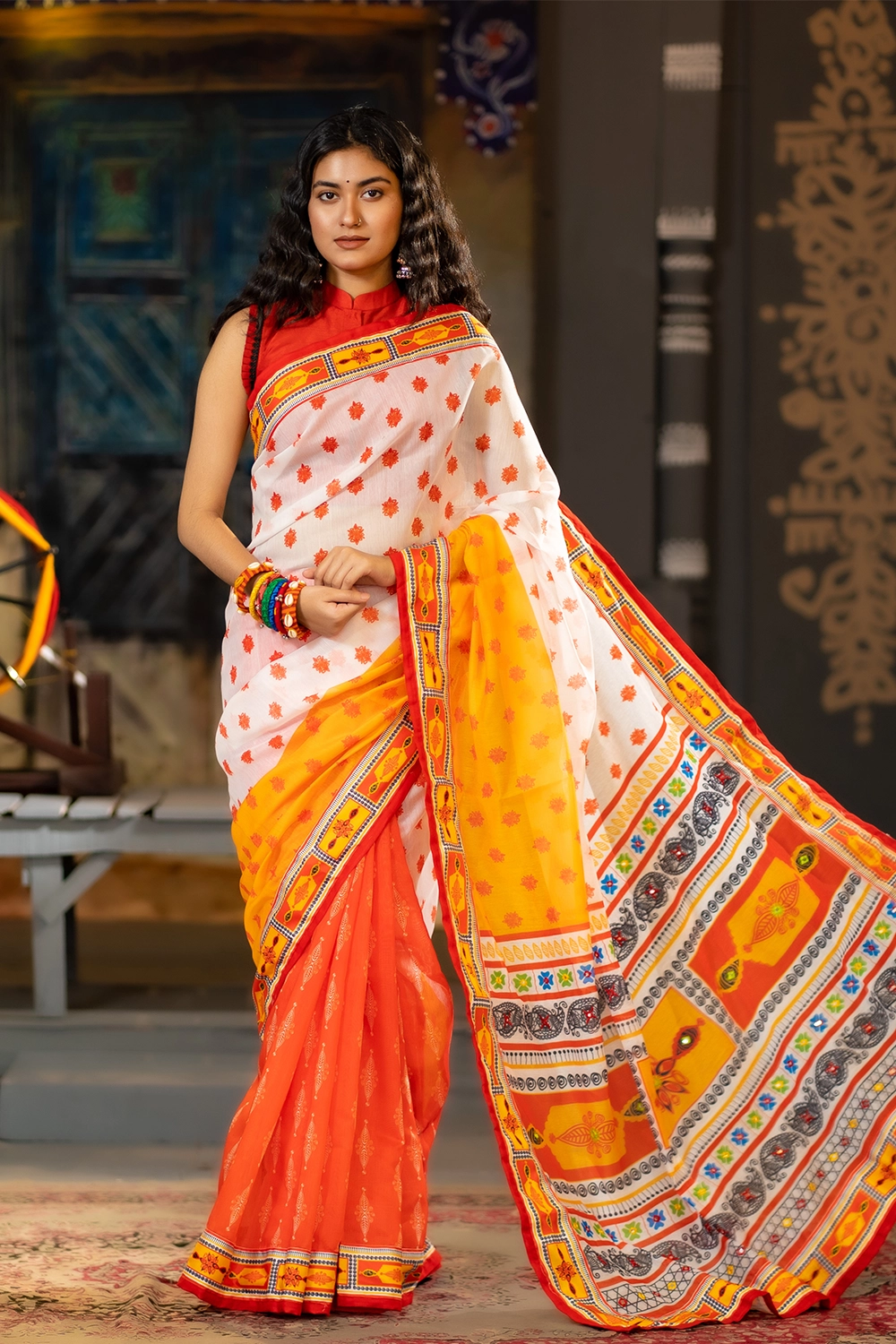 Multi Half Silk Saree with Digital Print Patchwork for Women's