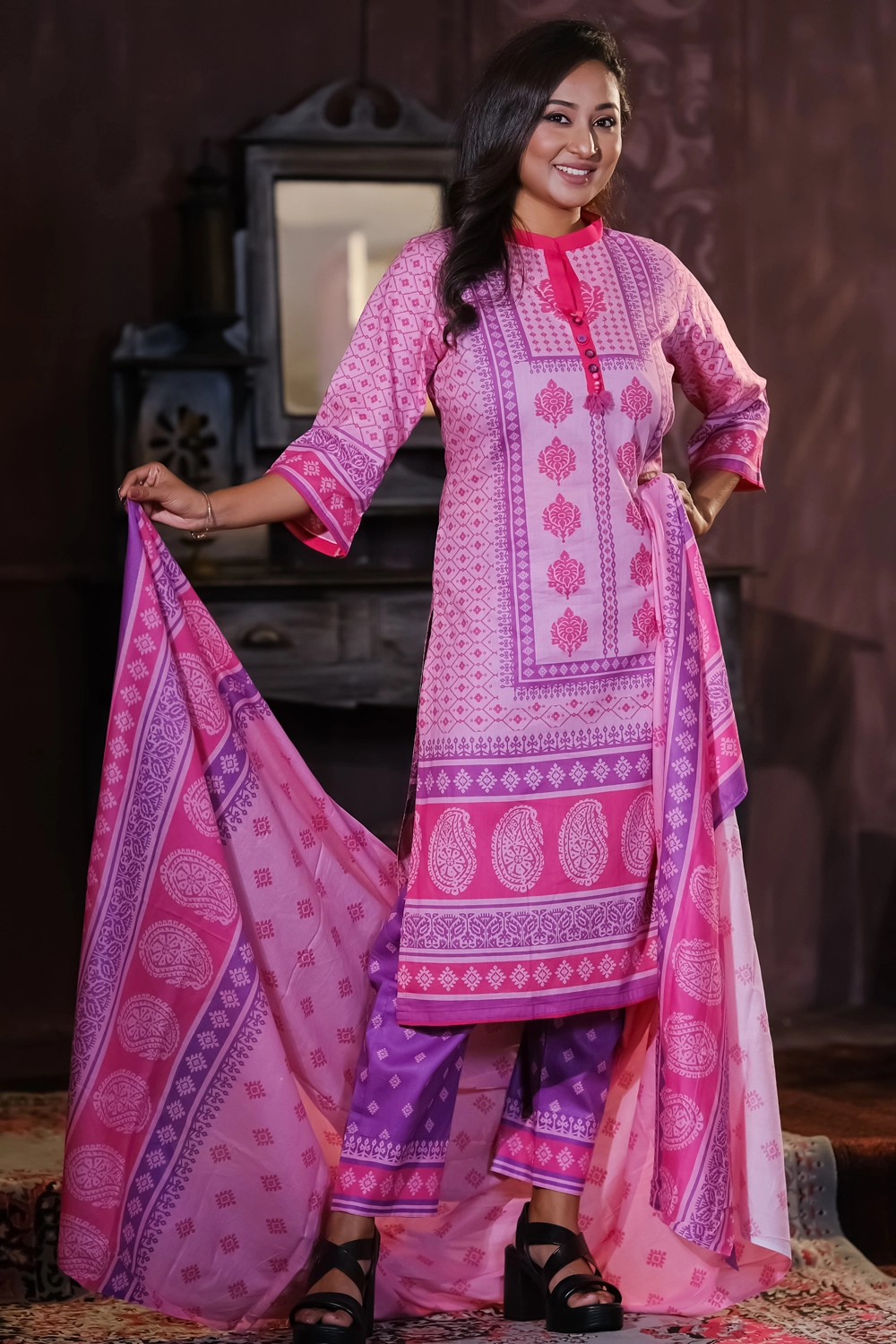 Pink Cotton Printed Unstitched 3-Piece Set