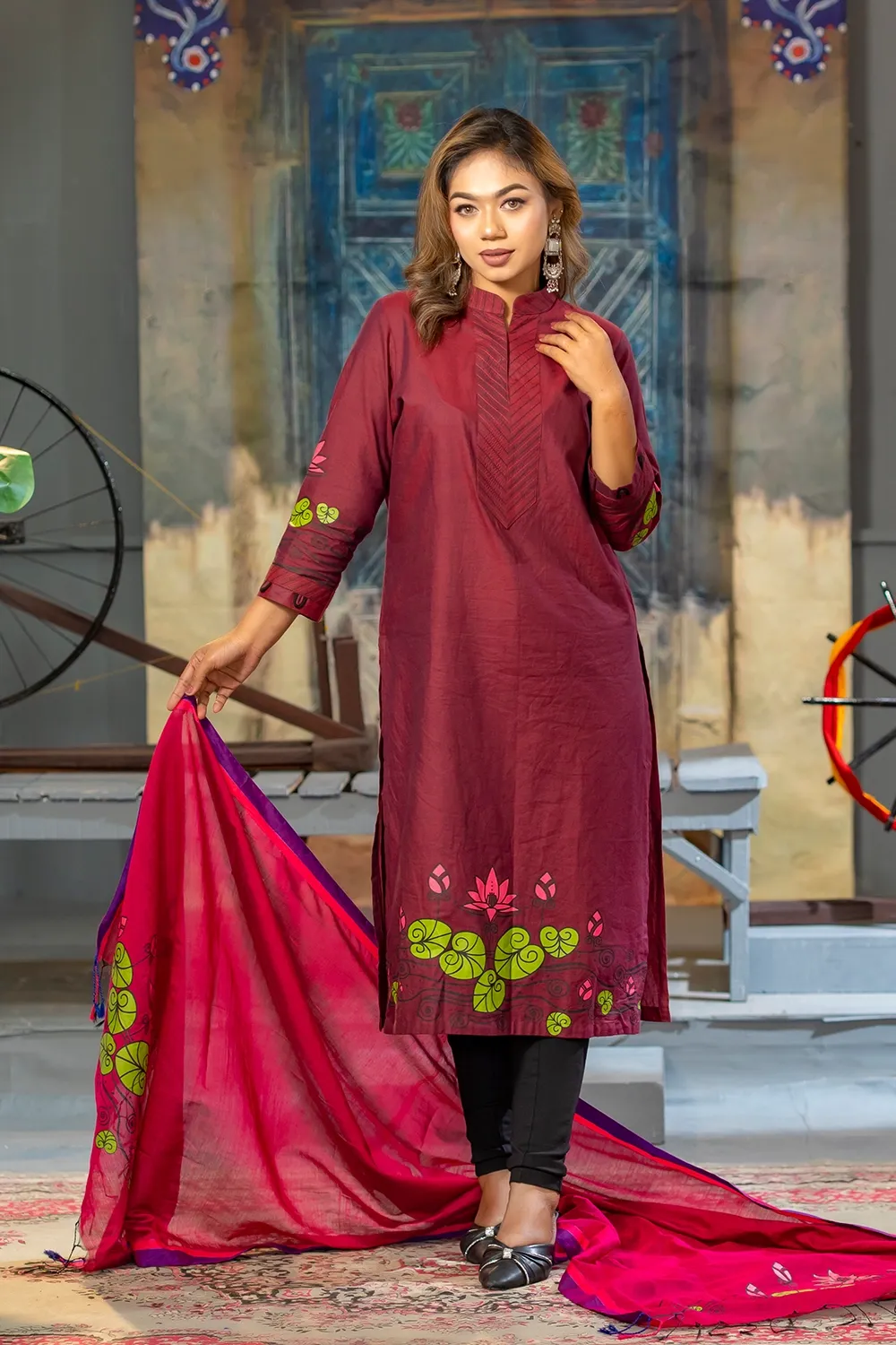 Maroon S Shymle Cotton Women's Two-Piece Set