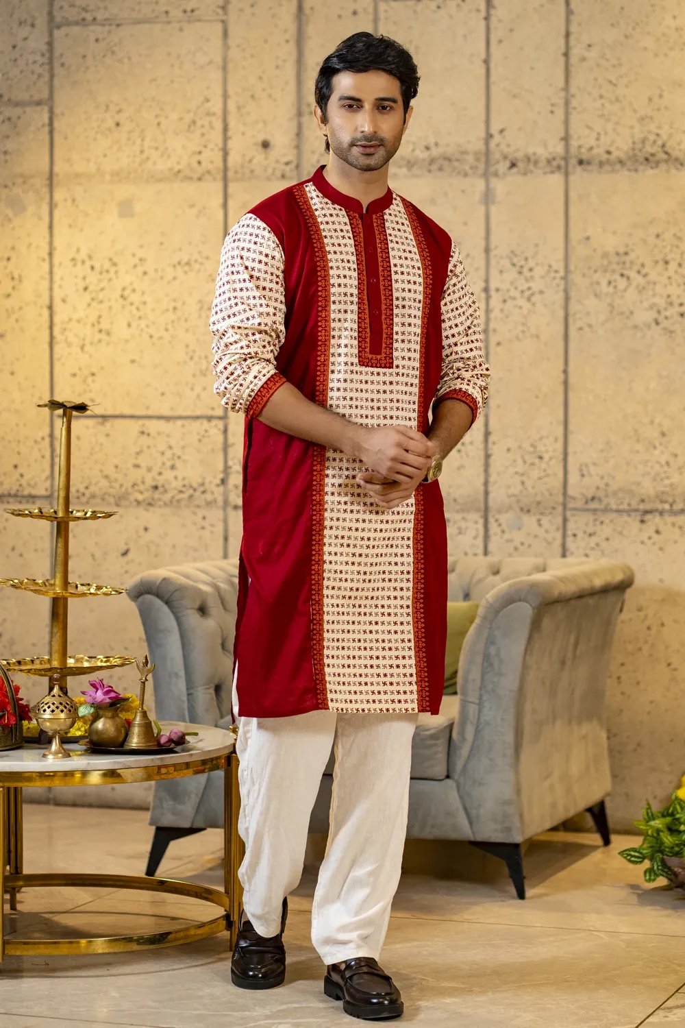 Cream & Maroon Cotton Screen Print & Patchwork Men's Panjabi