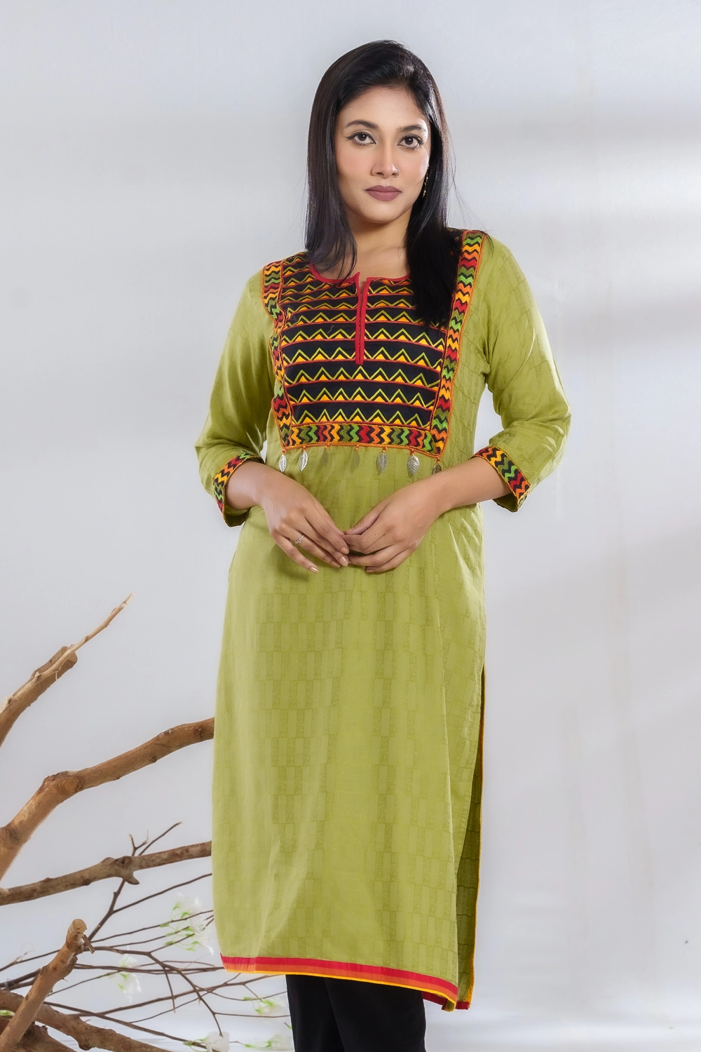 Olive Cotton Screen Print & Patchwork Long Kameez for Women