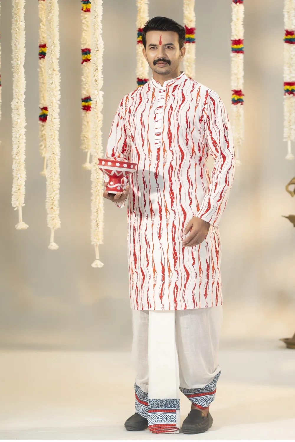 Classic White Cotton Panjabi with Screen Print Design