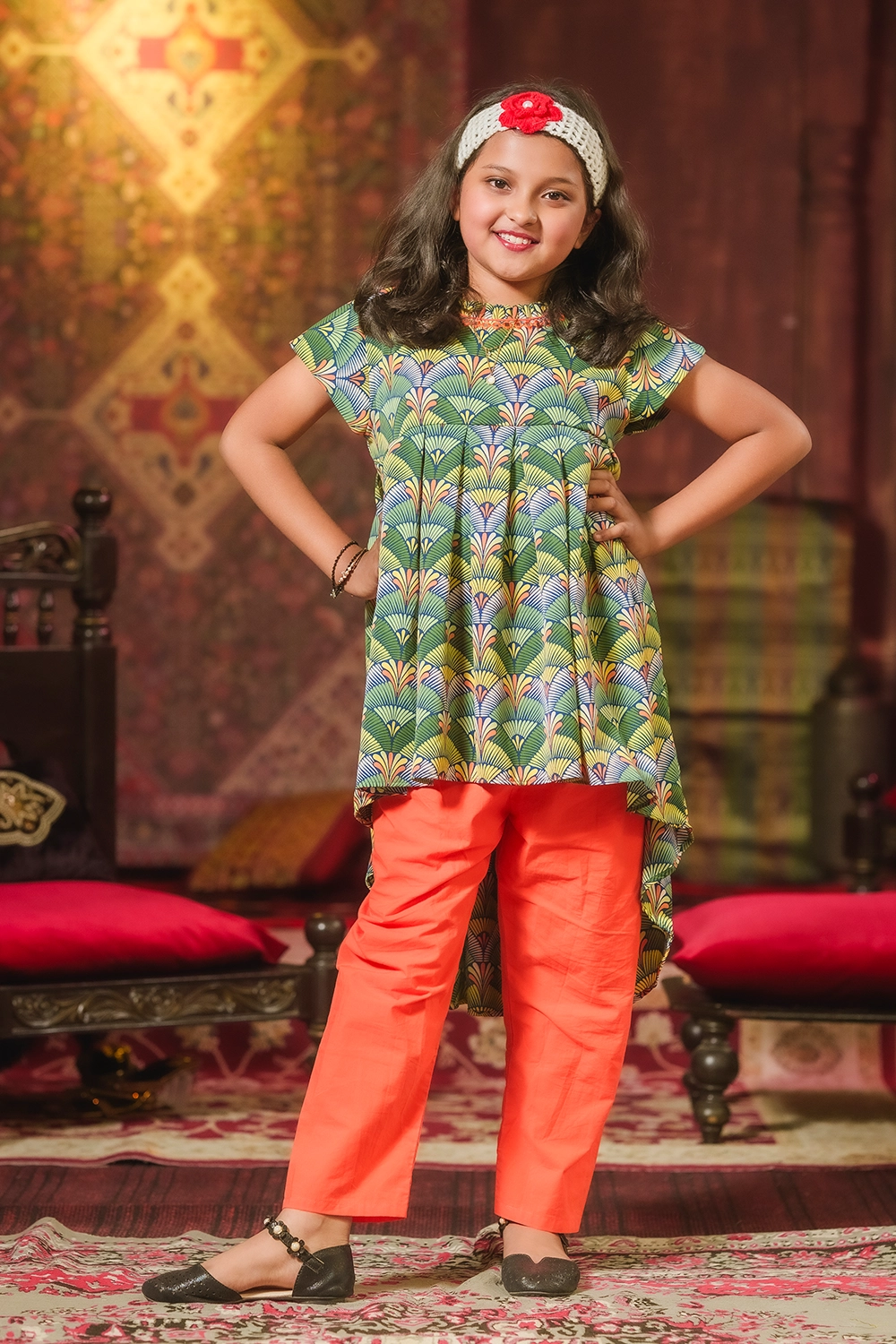 Multi Color Linen Girls Two Piece Set with Embroidery