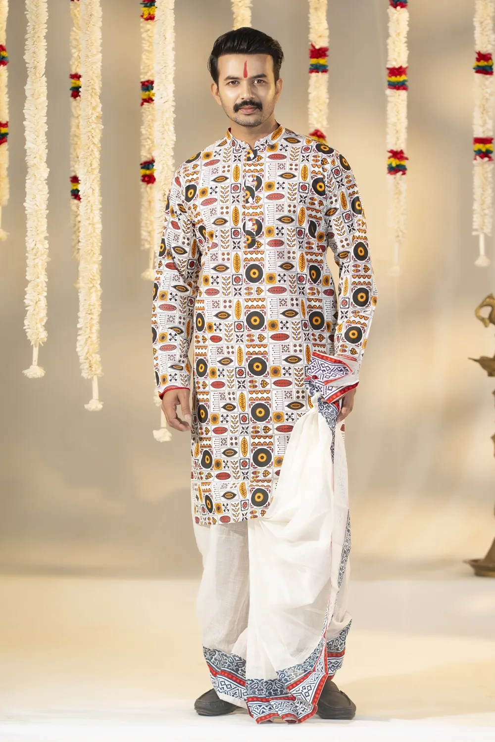 White Cotton Screen Printed Panjabi for Men's