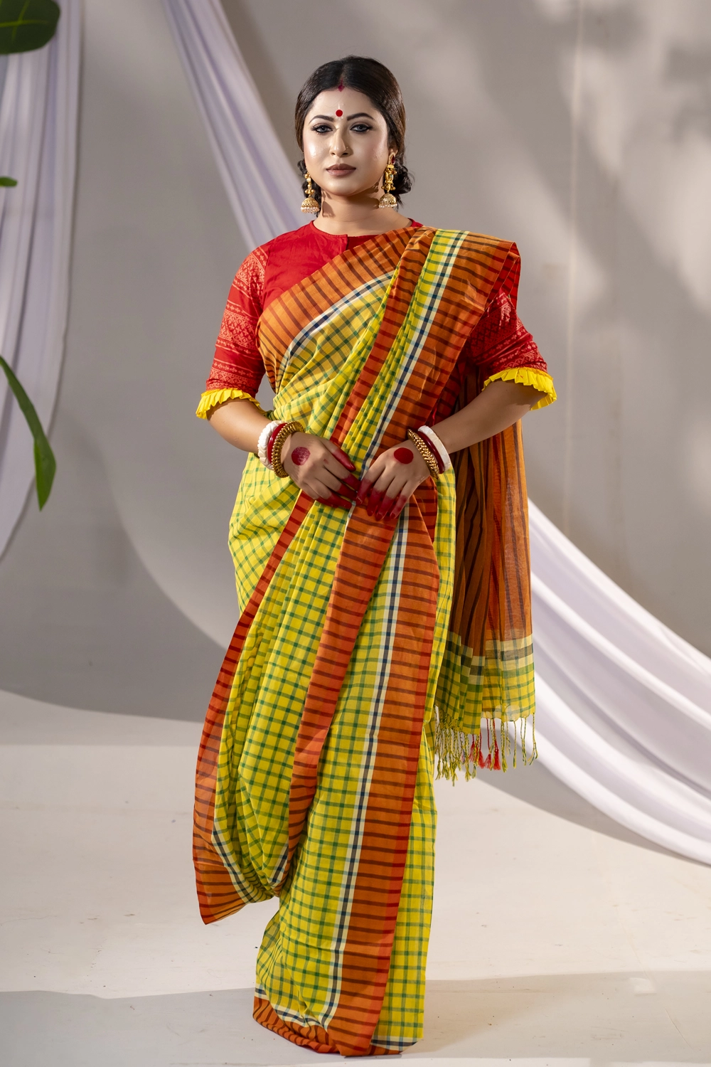 Multicolor Gamcha Pattern Cotton Saree | Sokal Bikal Series