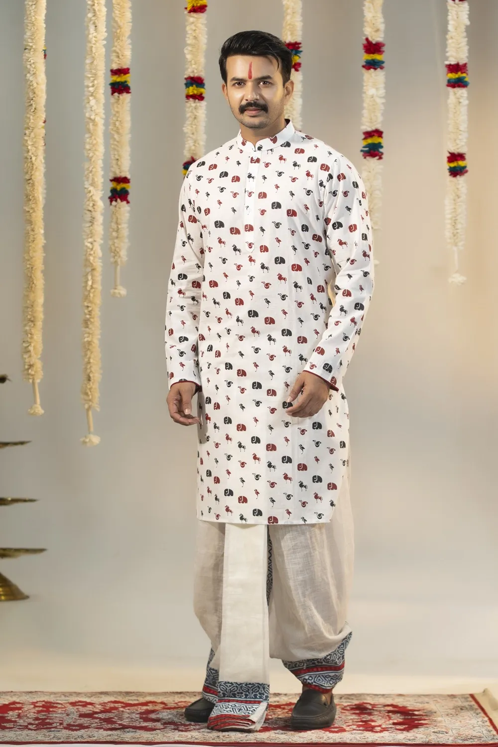 White Cotton Screen Print Panjabi for Men's