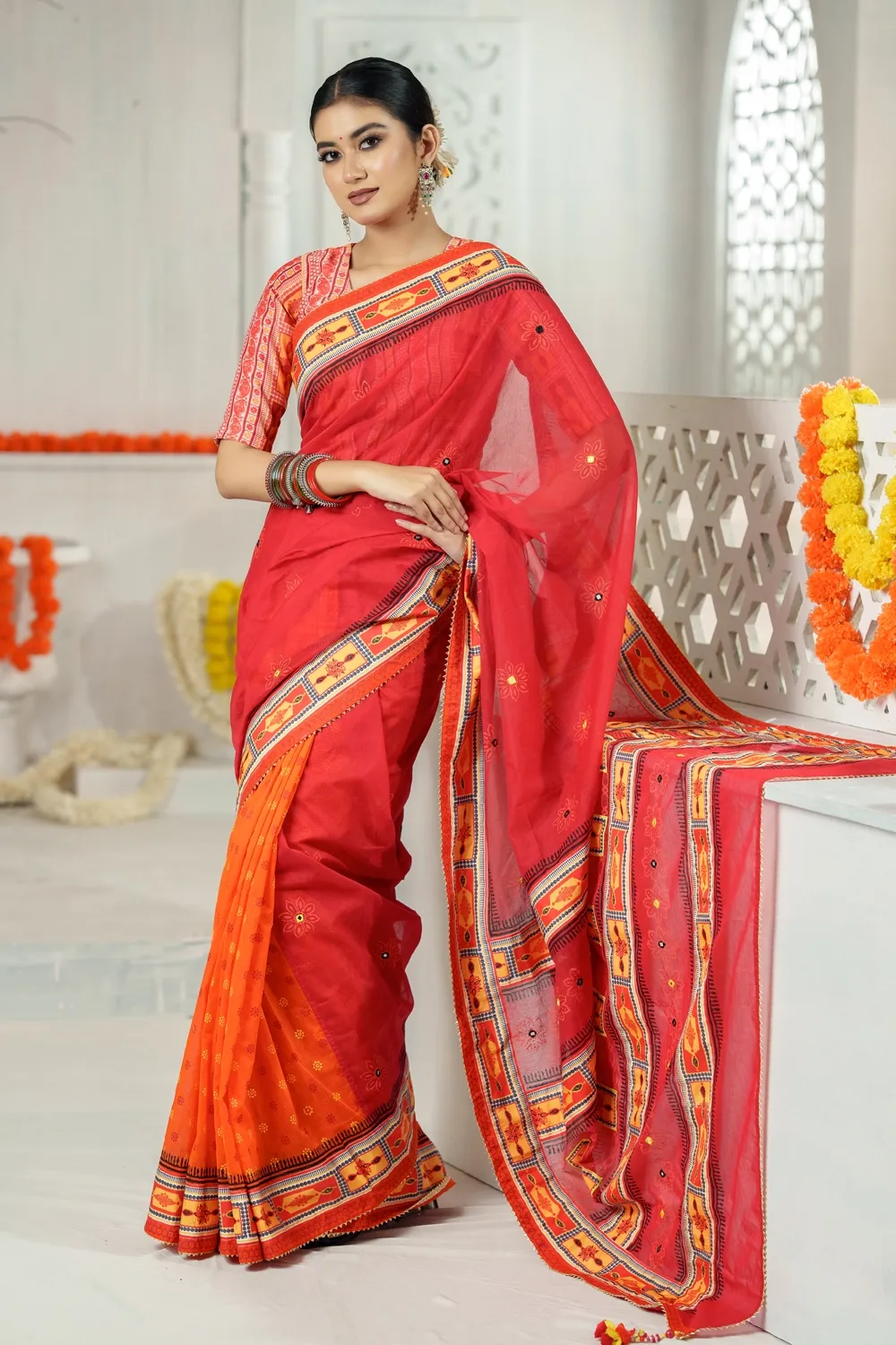 Multicolor Half Silk Printed & Embroidered Saree