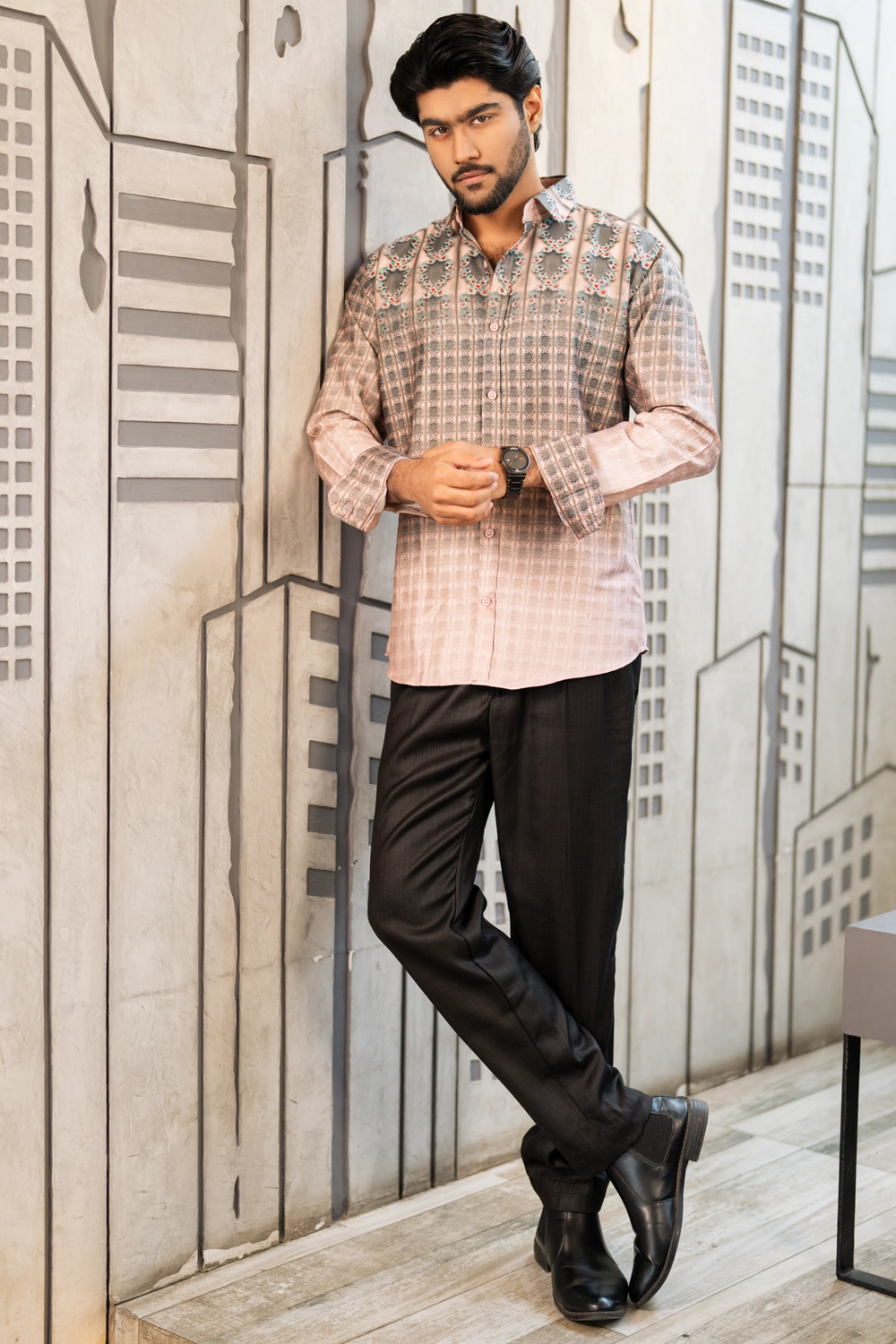 Men’s Multi Sartin Silk Industrial Print Slim Fit Shirt