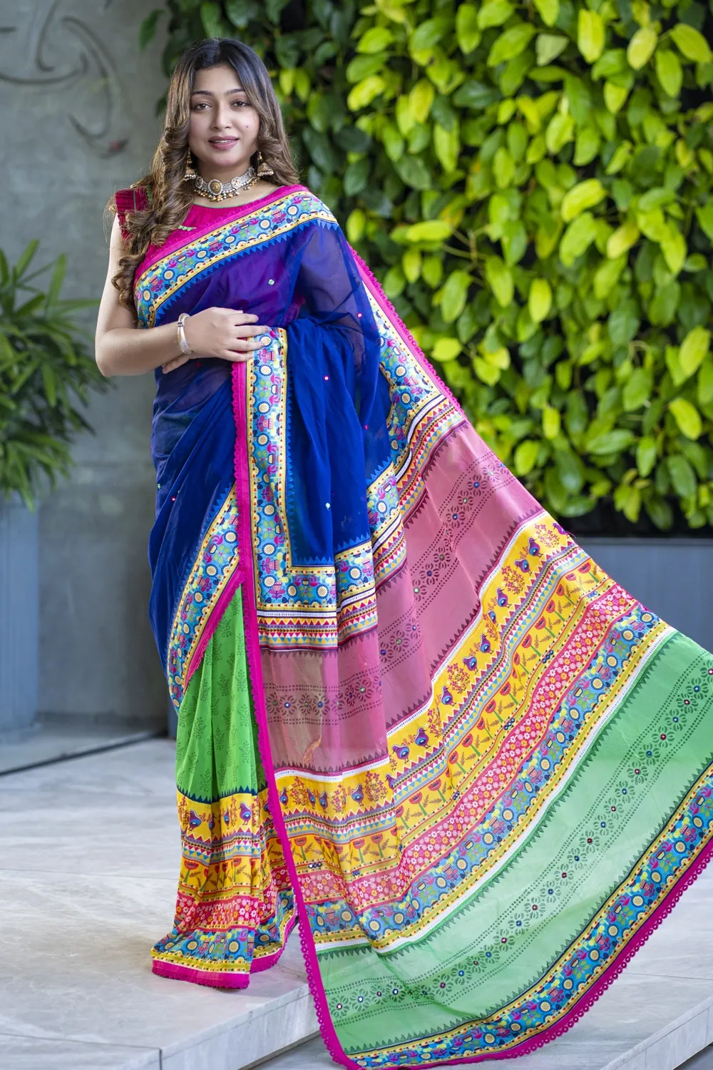 Green Industrial Print & Embroidery Half Silk Saree