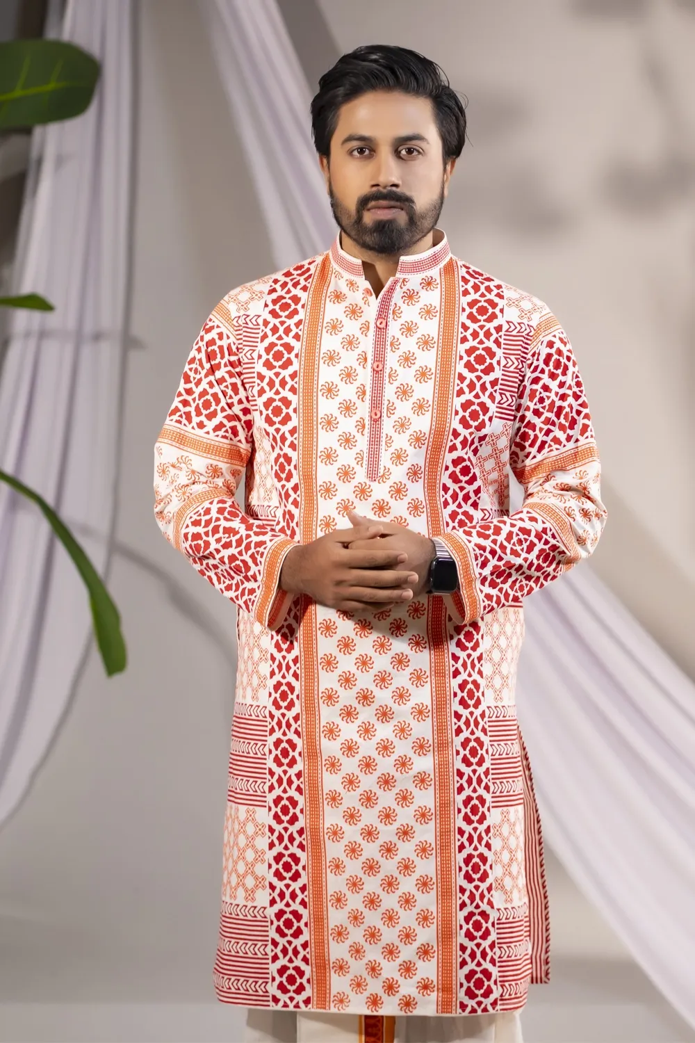 Premium White Cotton Screen Print Panjabi for Men