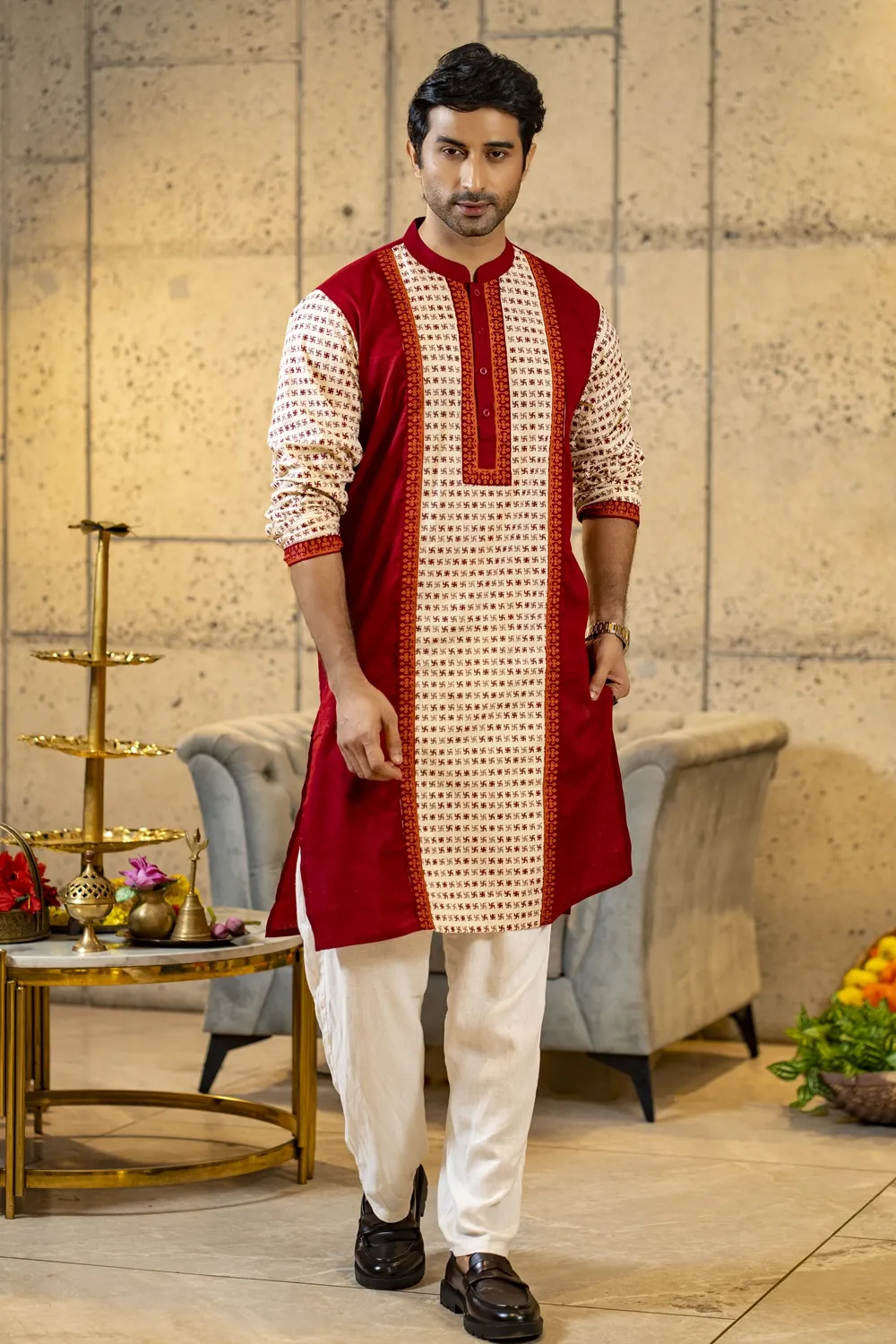 Cream & Maroon Cotton Screen Print & Patchwork Men's Panjabi
