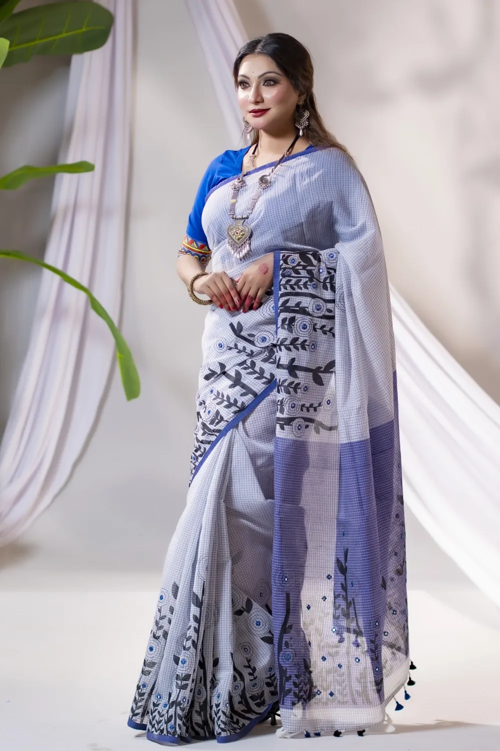 Black & White Half Silk Saree with Screen Print & Embroidery