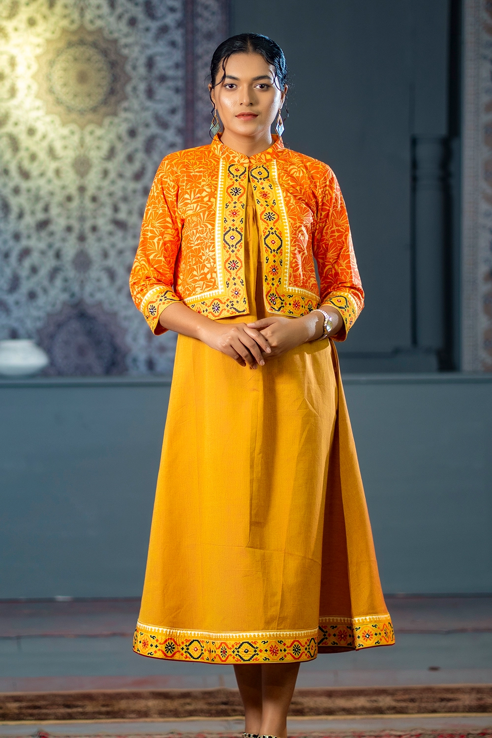 Golden Cotton Kamiz with Digital Print, Embroidery & Patchwork