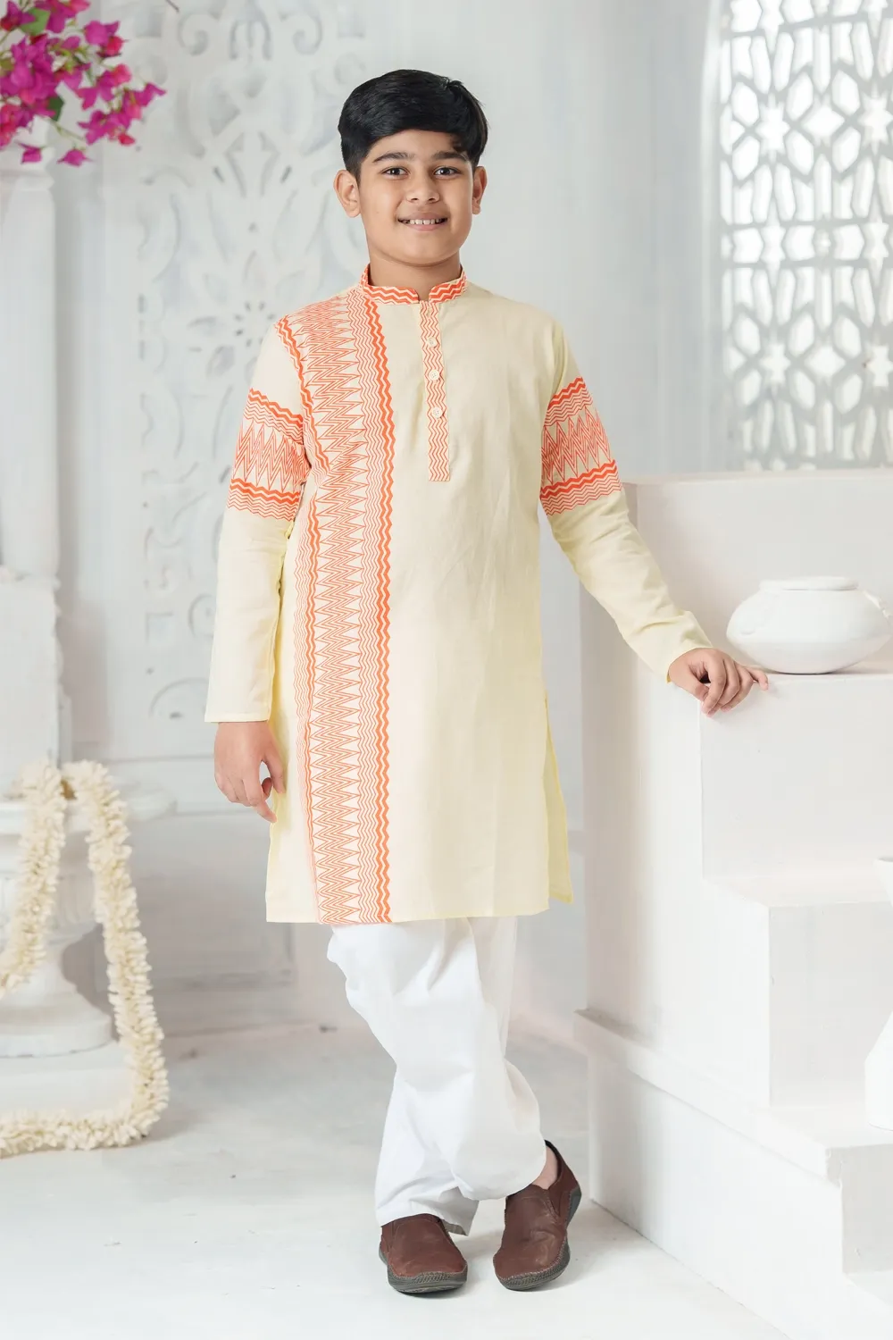 Cream Cotton Screen Print Kid's Panjabi