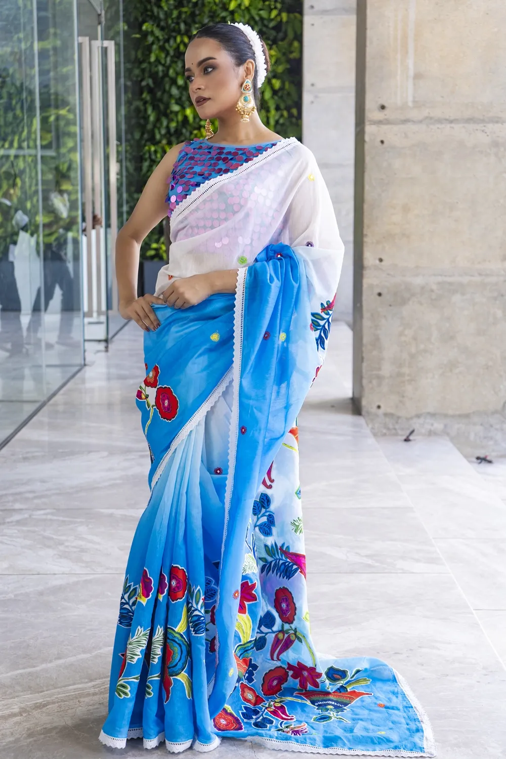 Sky Blue Half Silk Ombre Dye & Cutwork Saree