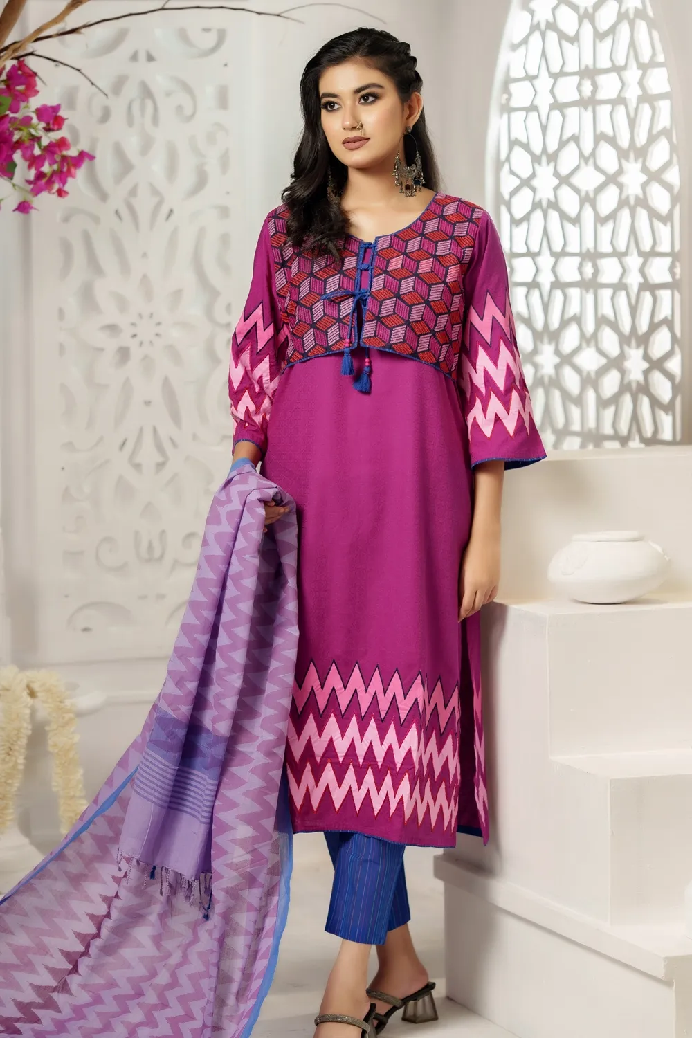 Violet Cotton Embroidered & Patchwork Women's Three-Piece Set