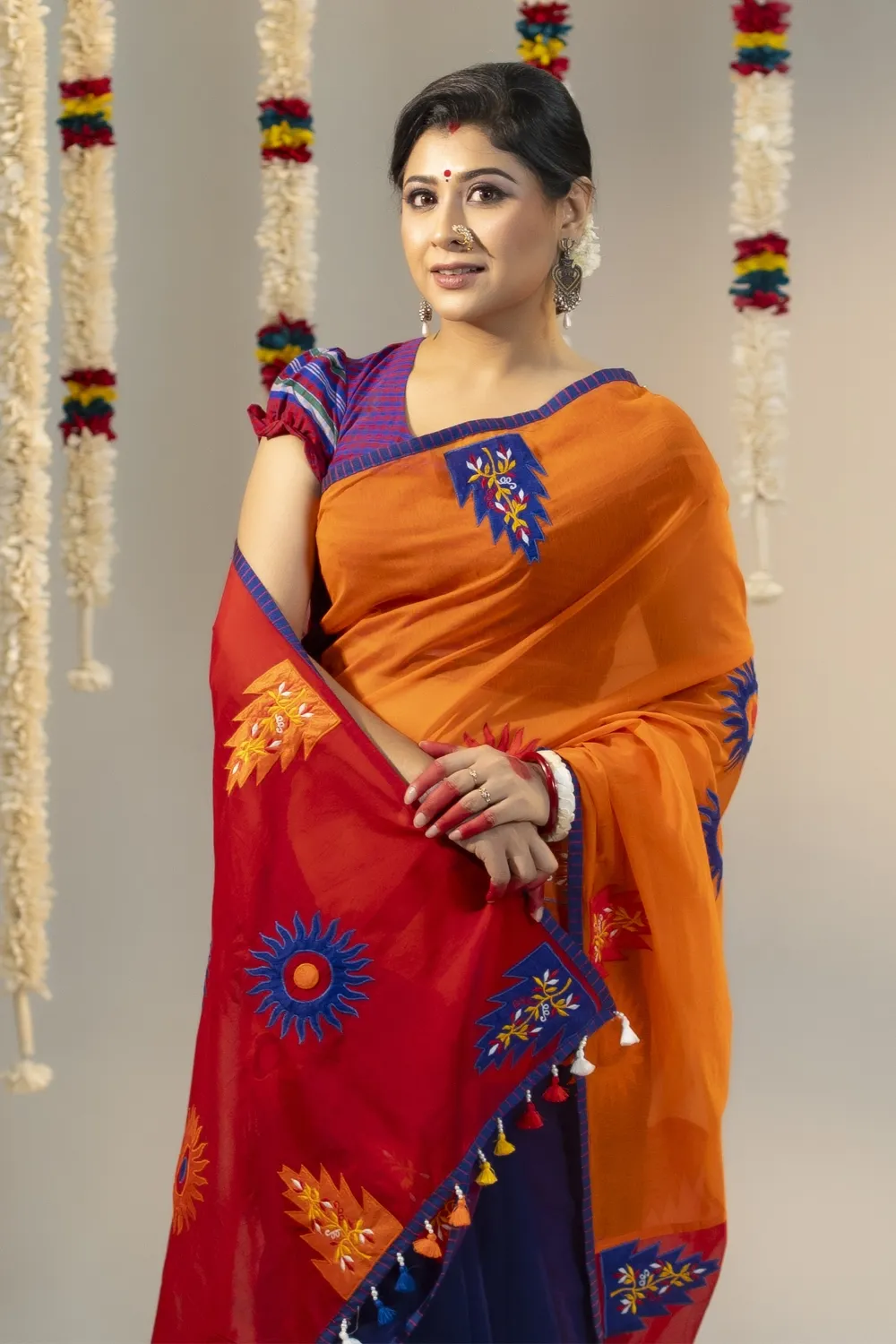 Red & Orange Cutwork Half Silk Saree