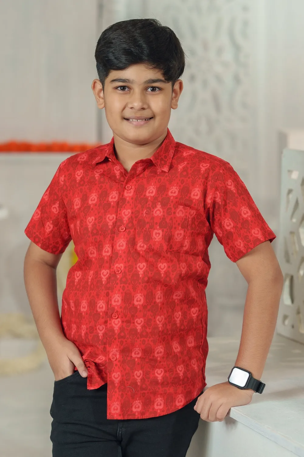 Vibrant Red Cotton Screen Print Kid's Shirt