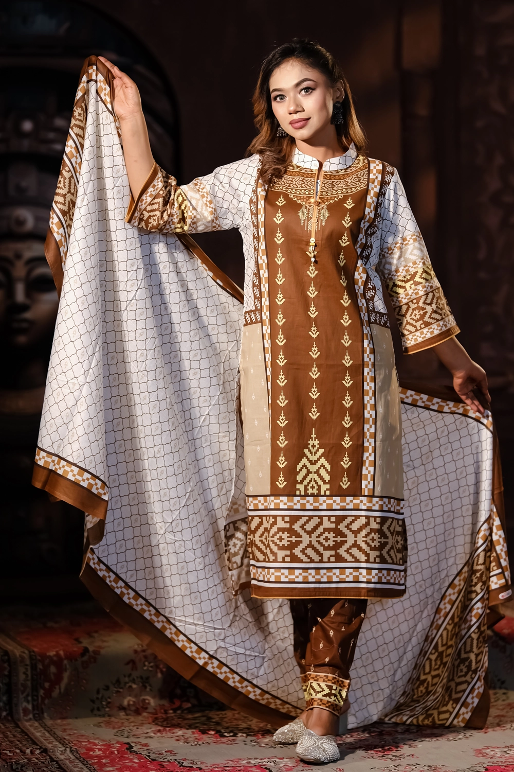 White & Coffee Cotton Printed Unstitched 3-Piece Set