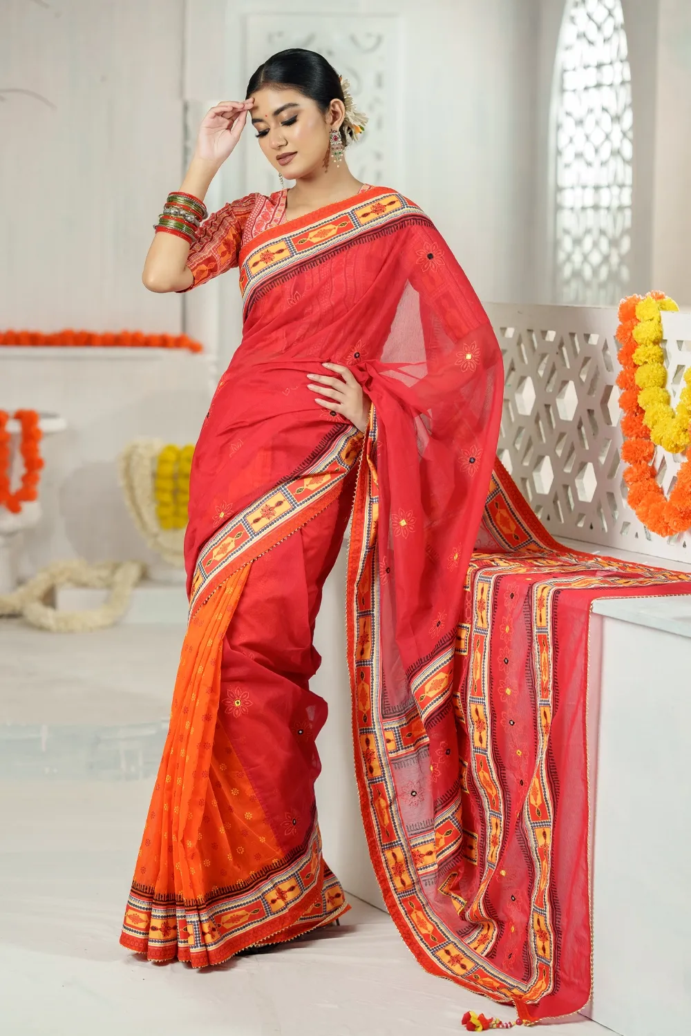 Multicolor Half Silk Printed & Embroidered Saree