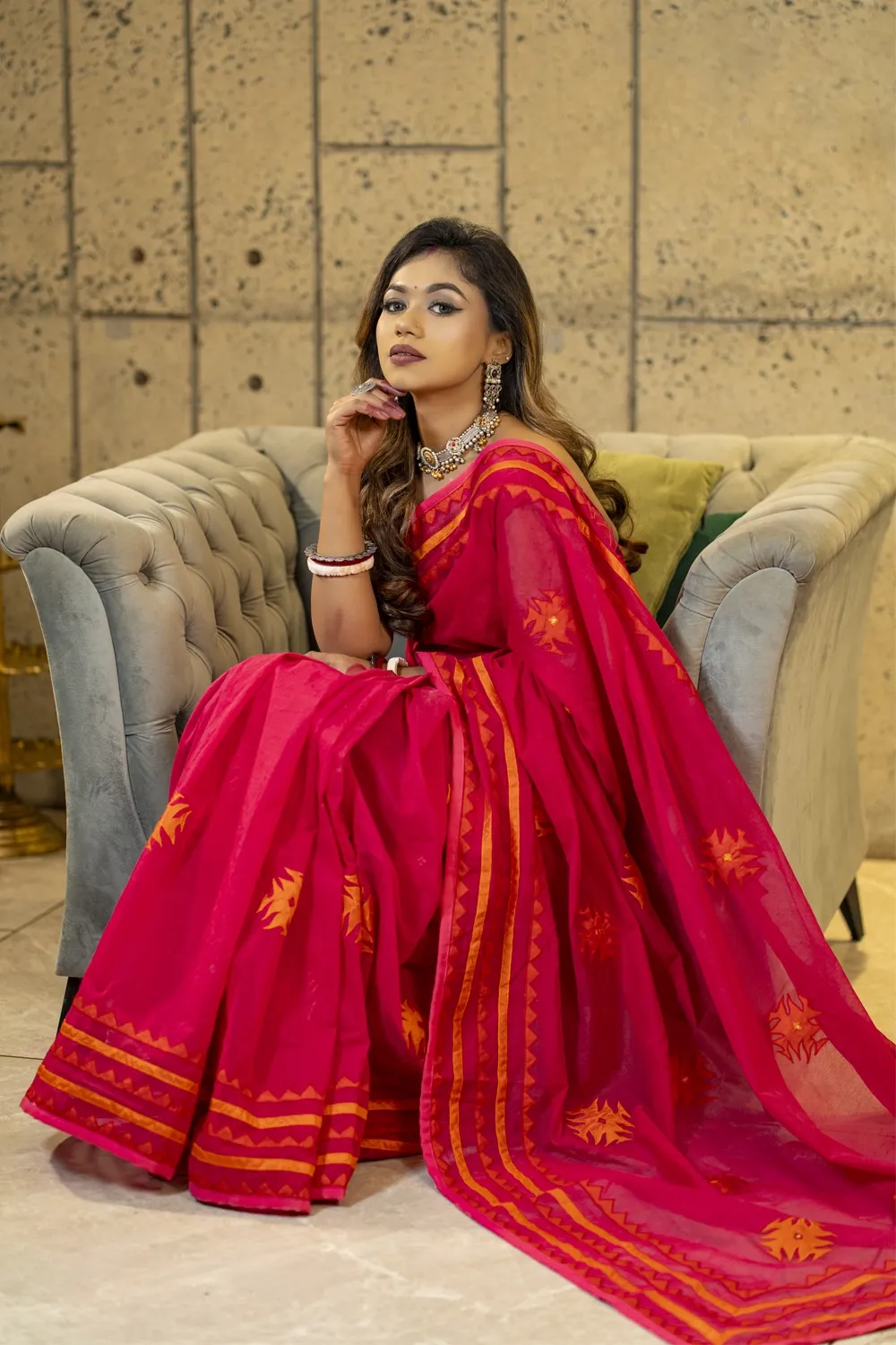 Classic Magenta Cutwork Half Silk Saree