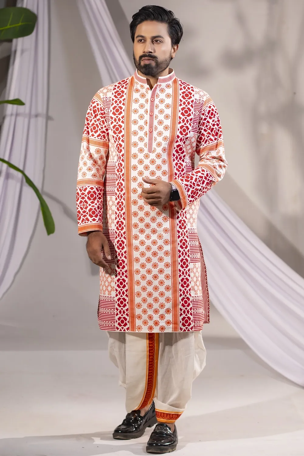 Premium White Cotton Screen Print Panjabi for Men