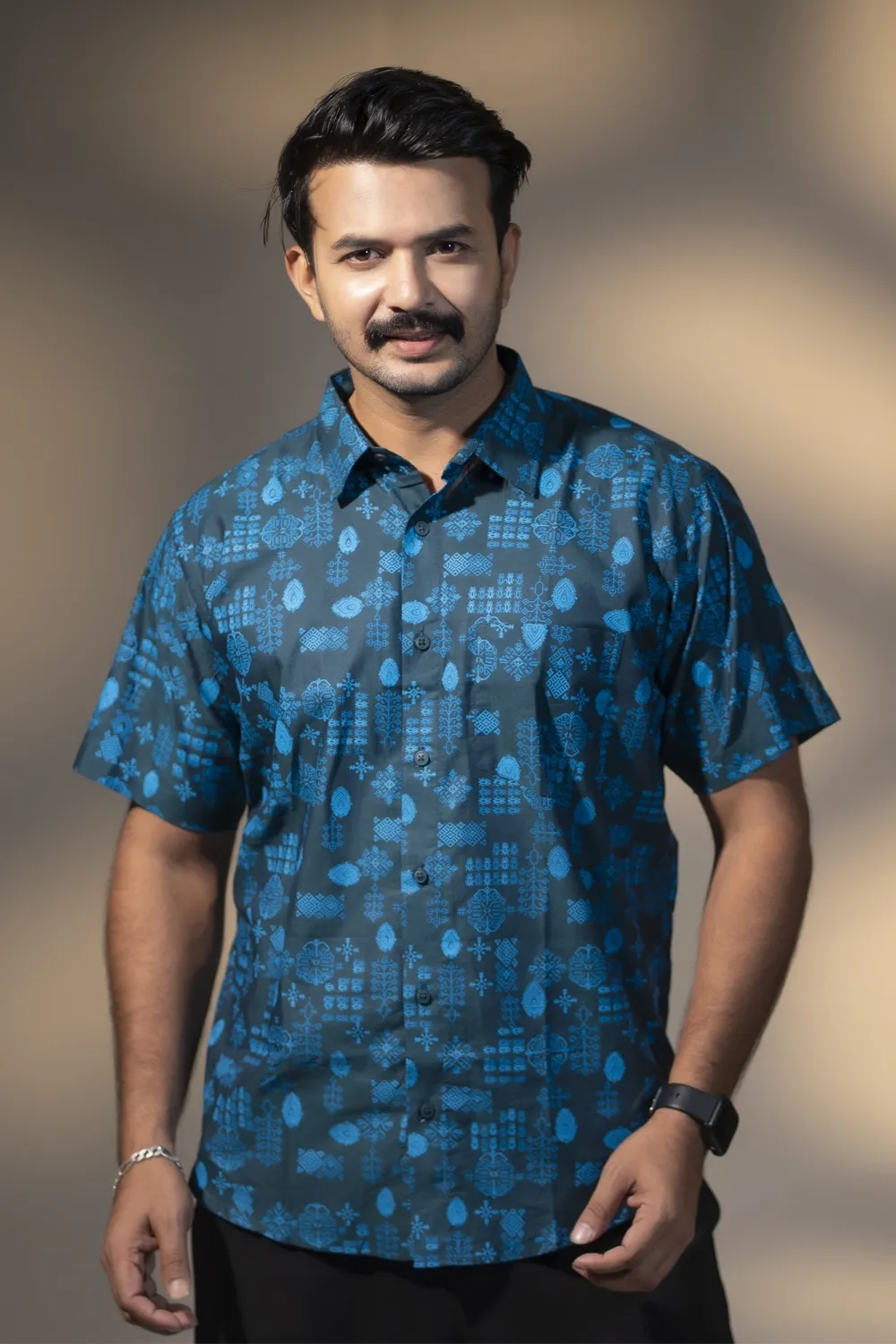 Sea Blue Screen Print Shymle Cotton Men's Shirt
