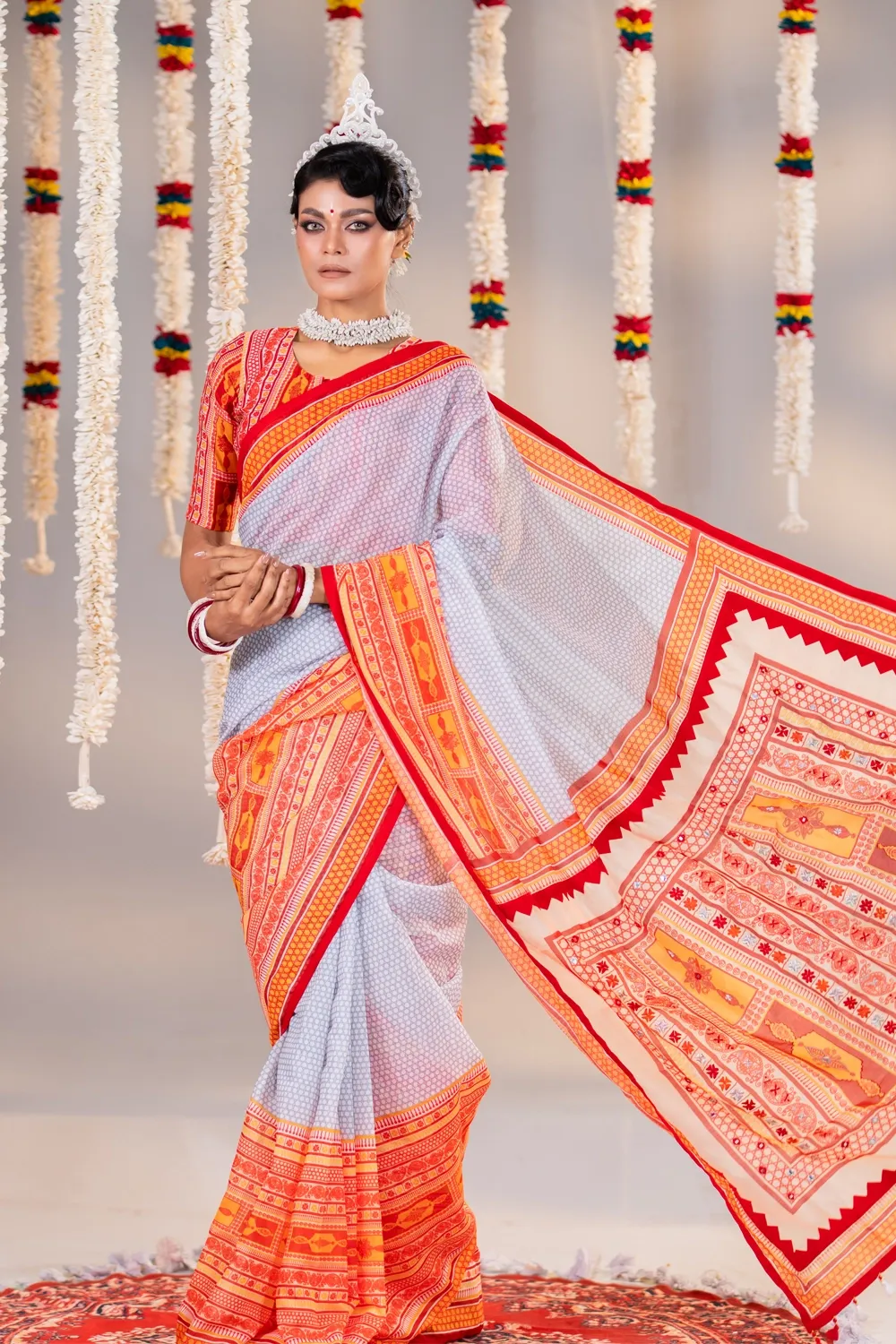 White Half Silk Saree with Industrial Print & Embroidery for women