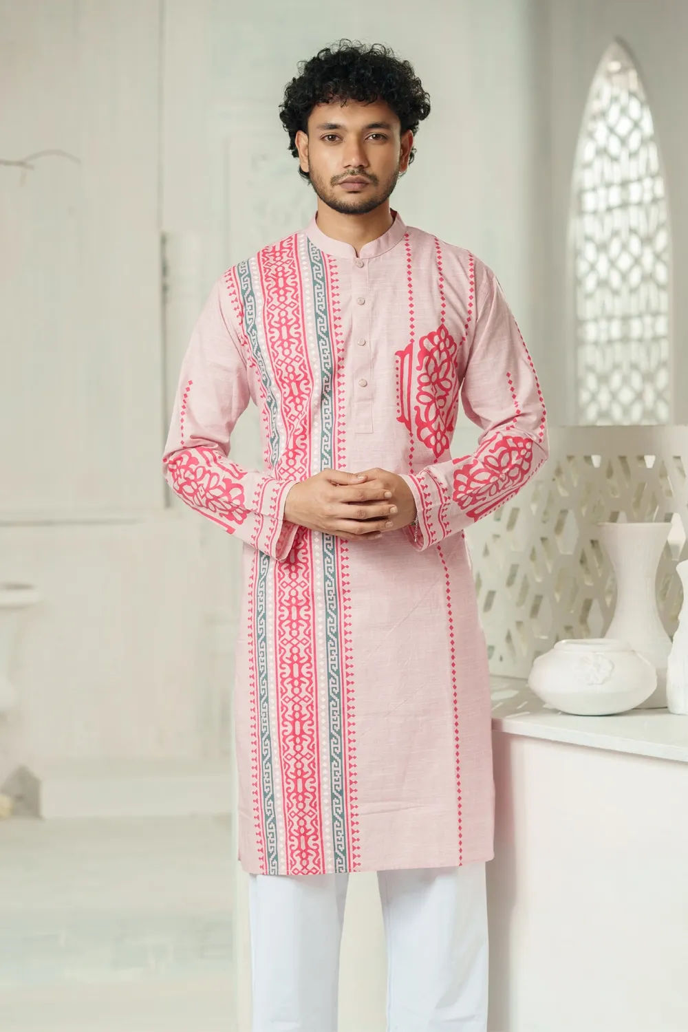 Pink Shymle Cotton Screen Print Men's Panjabi