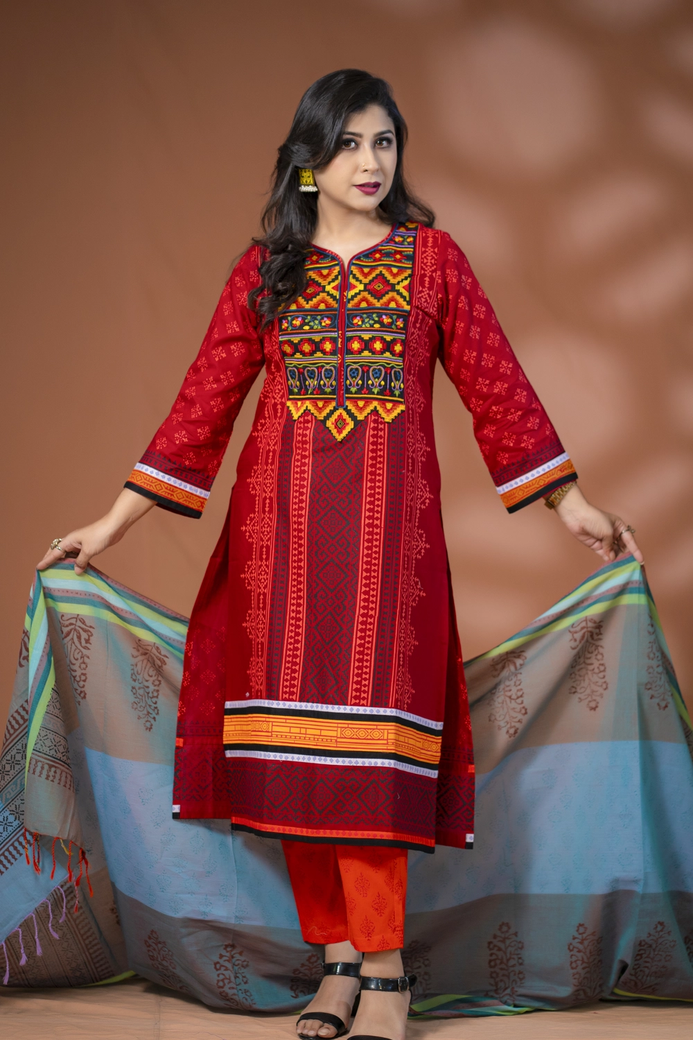 Multi Cotton Block Print Unstitched 3-Piece Set