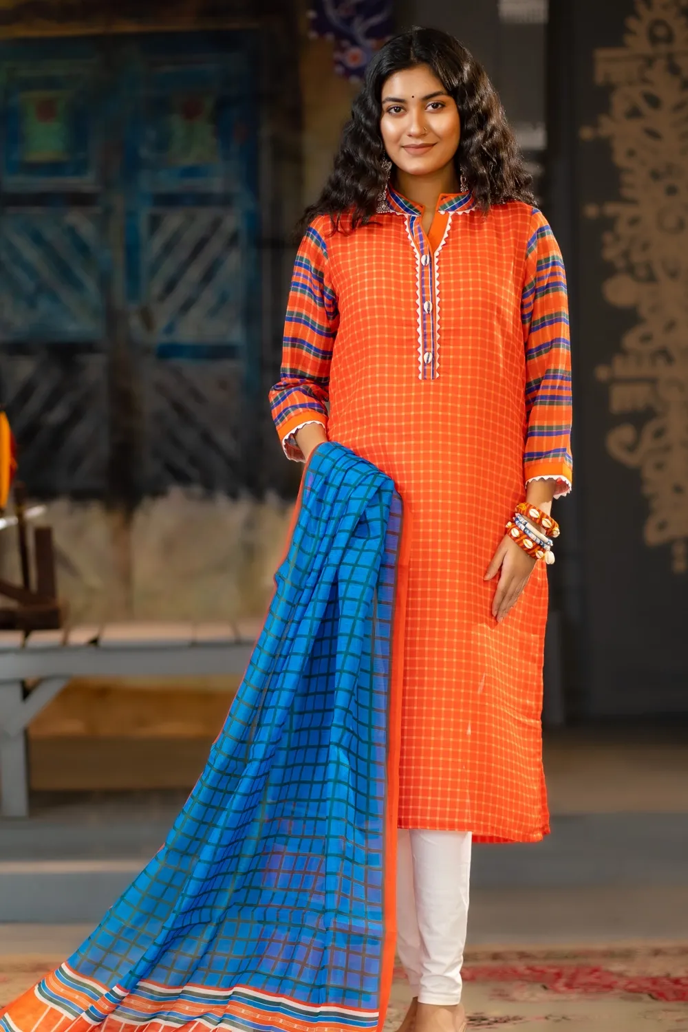 Orange Slab Silk Two Piece Set with Industrial Print & Patchwork