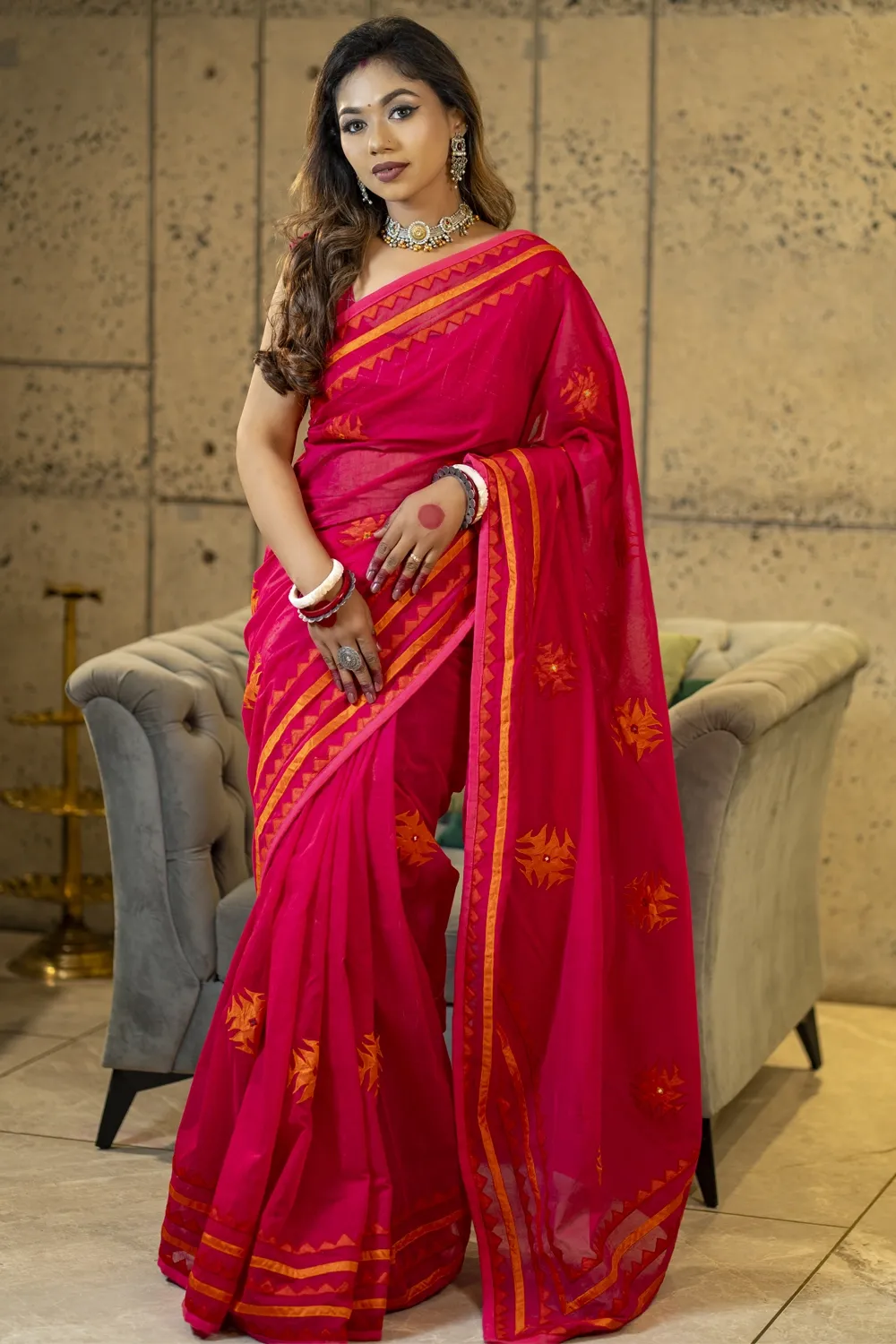Classic Magenta Cutwork Half Silk Saree