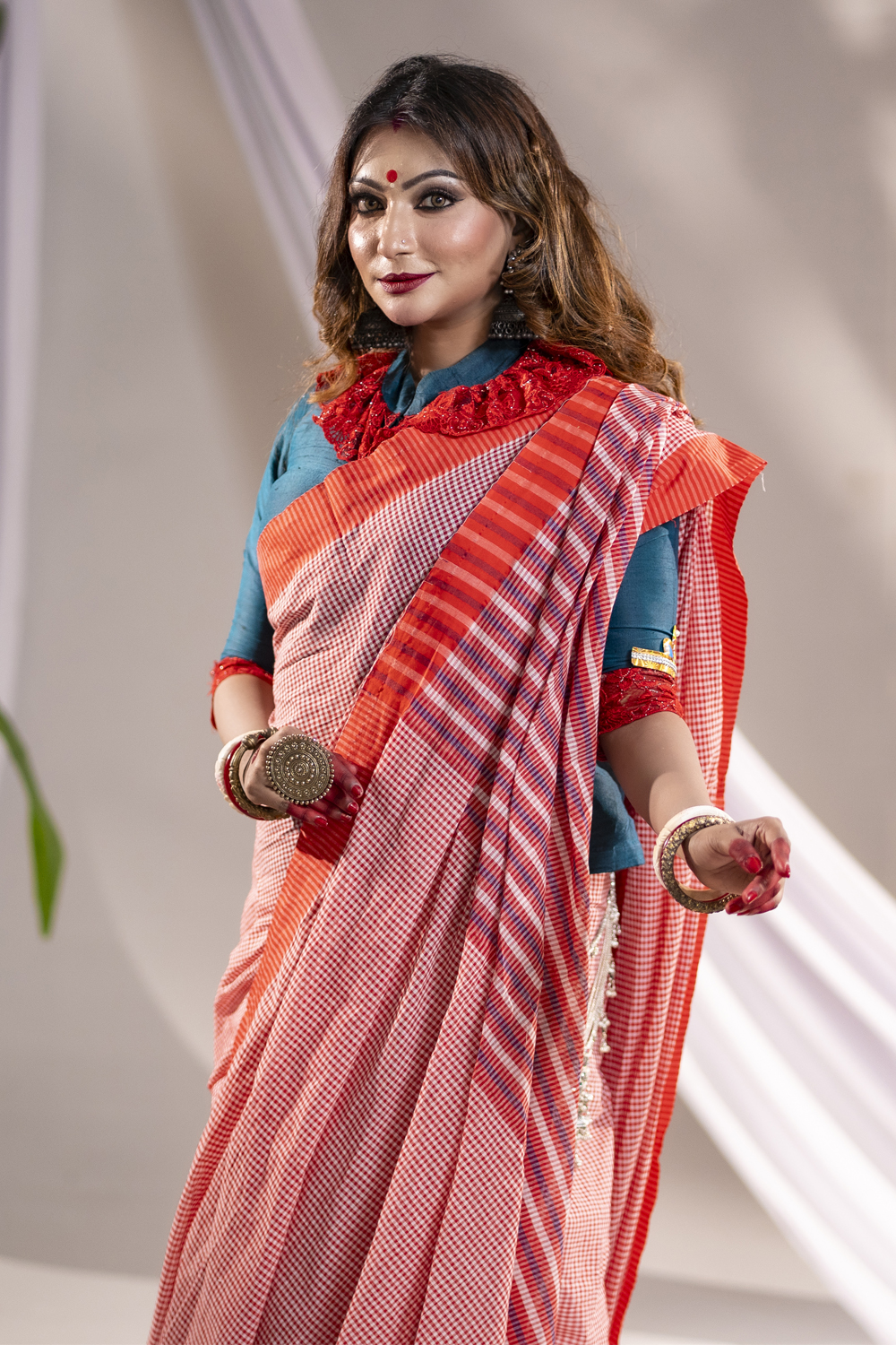 Red Gamcha-Inspired Check Saree | Sokal Bikal Series
