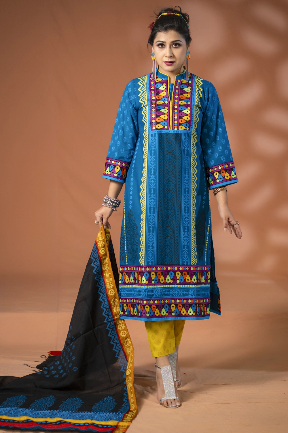 Sea-Blue & Lemon Cotton Block Print Unstitched 3-Piece Set