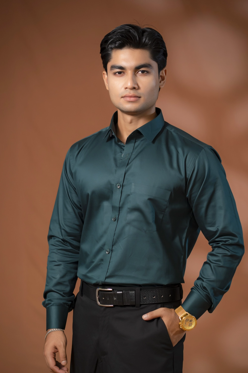 Men’s Bottle Green Cotton Slim Fit Shirt for Festive and Formal Wear