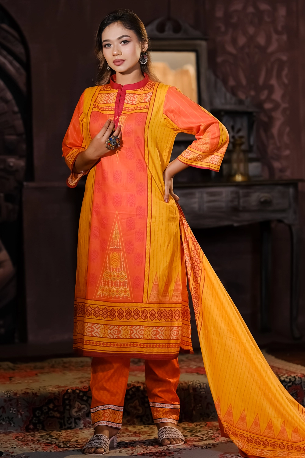 Orange Cotton Printed Unstitched 3-Piece Set