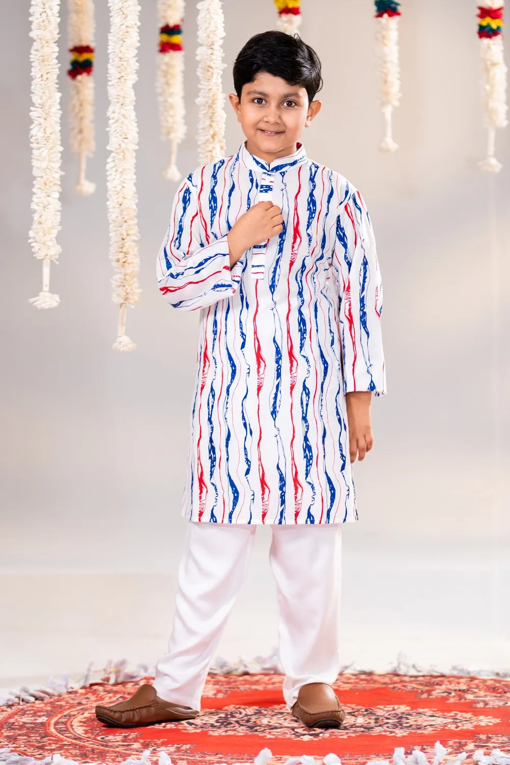 White Cotton Screen Print Kid's Panjabi