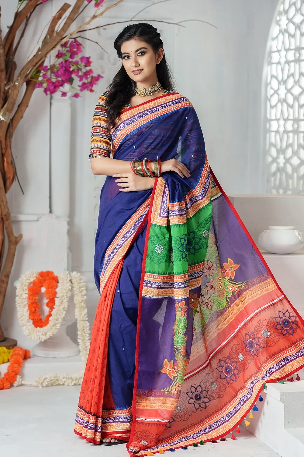 Blue & Tama Half Silk Printed & Embroidered Saree