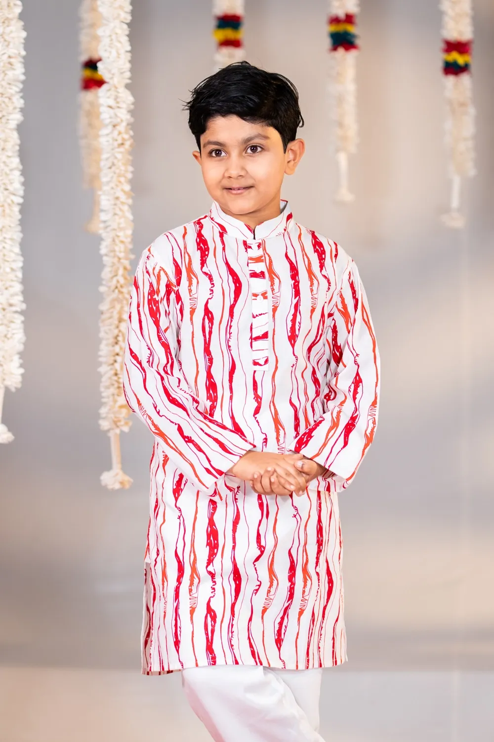 Snow White Cotton Screen Printed Kids' Panjabi