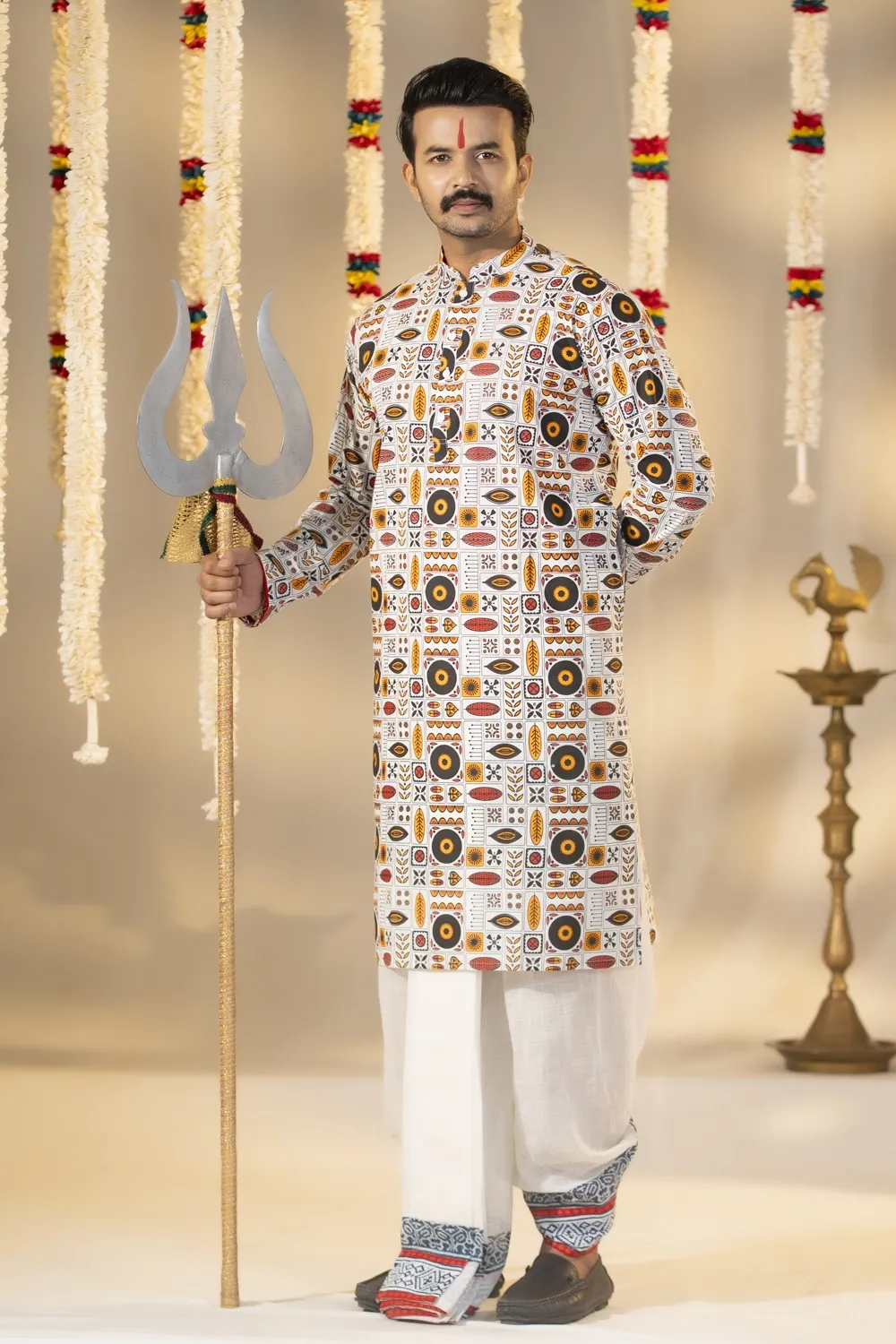 White Cotton Screen Printed Panjabi for Men's