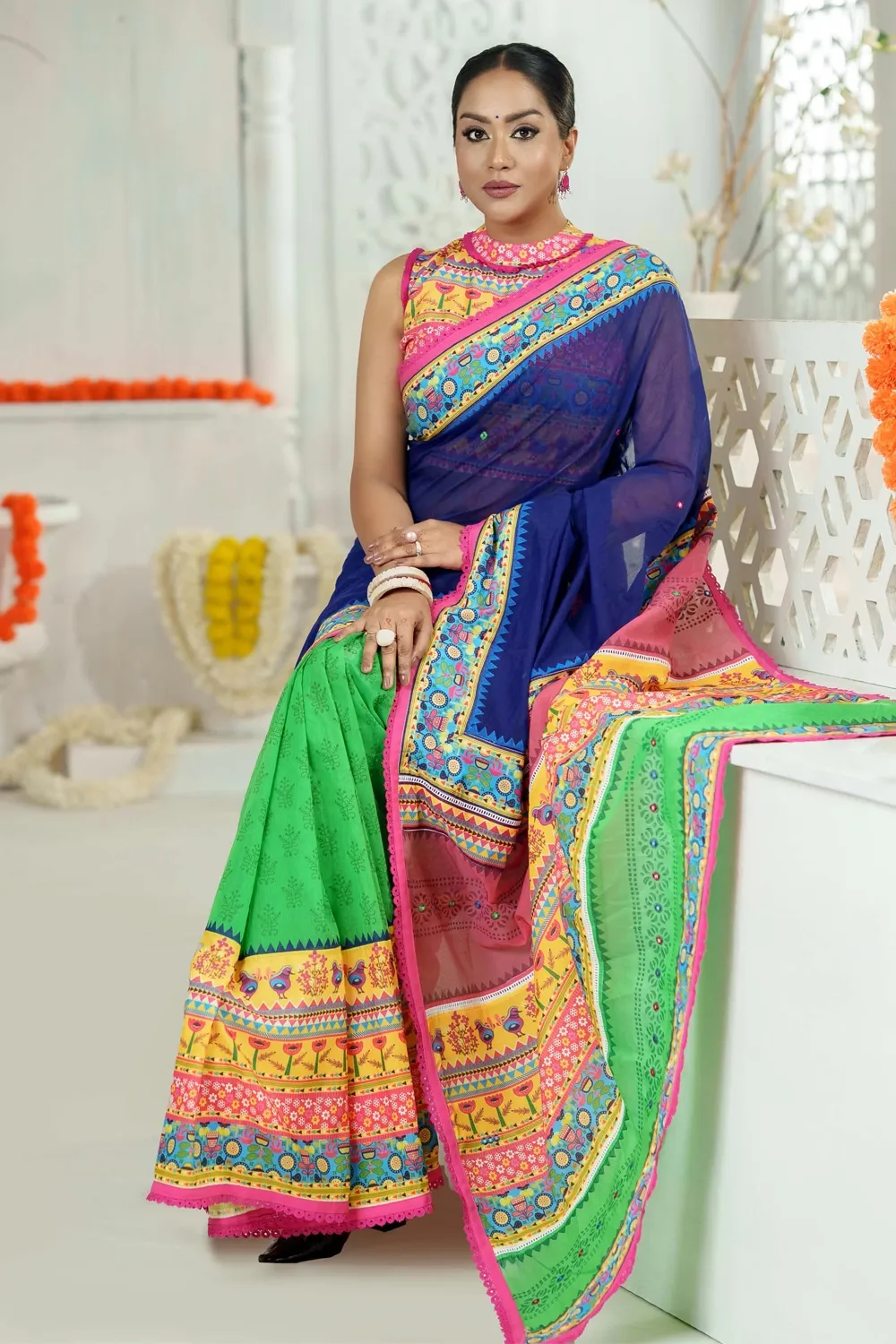 Green Industrial Print & Embroidery Half Silk Saree