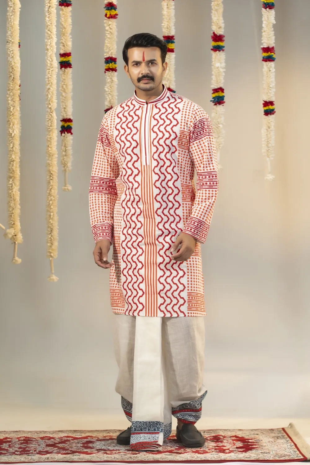 Red & White Cotton Screen Print Men's Panjabi