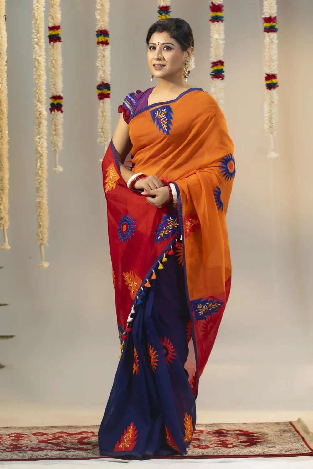 Red & Orange Cutwork Half Silk Saree