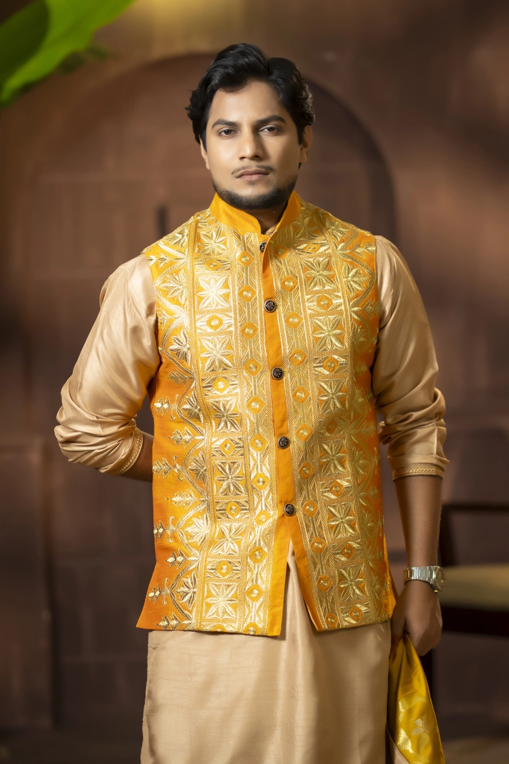 Orange Dhupian Men’s Coti with Embroidery & Patchwork