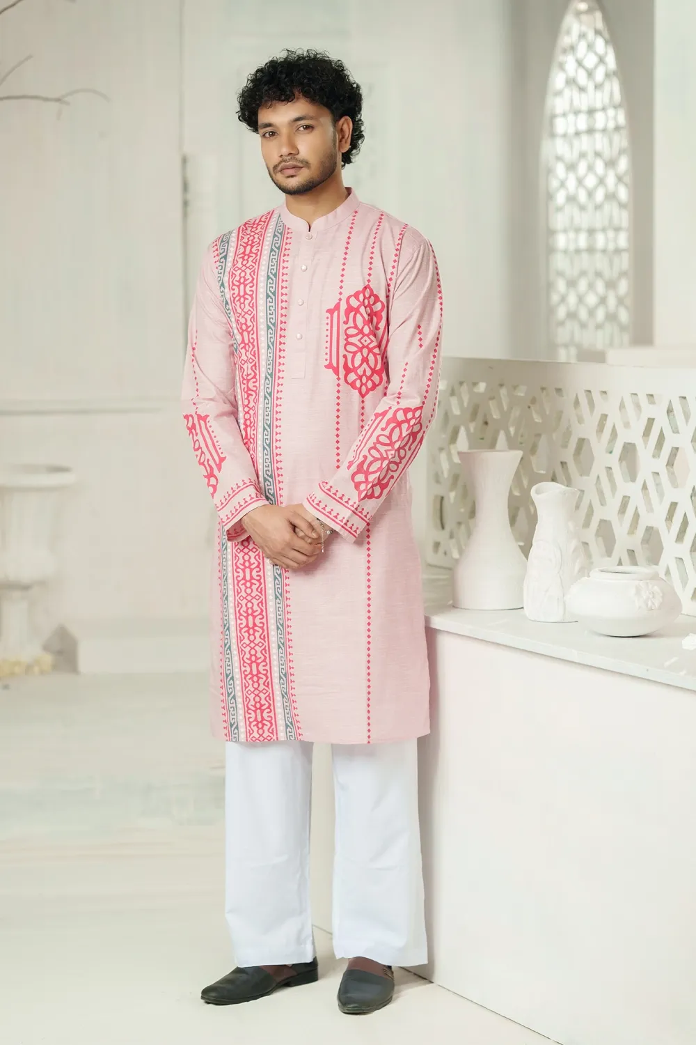 Pink Shymle Cotton Screen Print Men's Panjabi