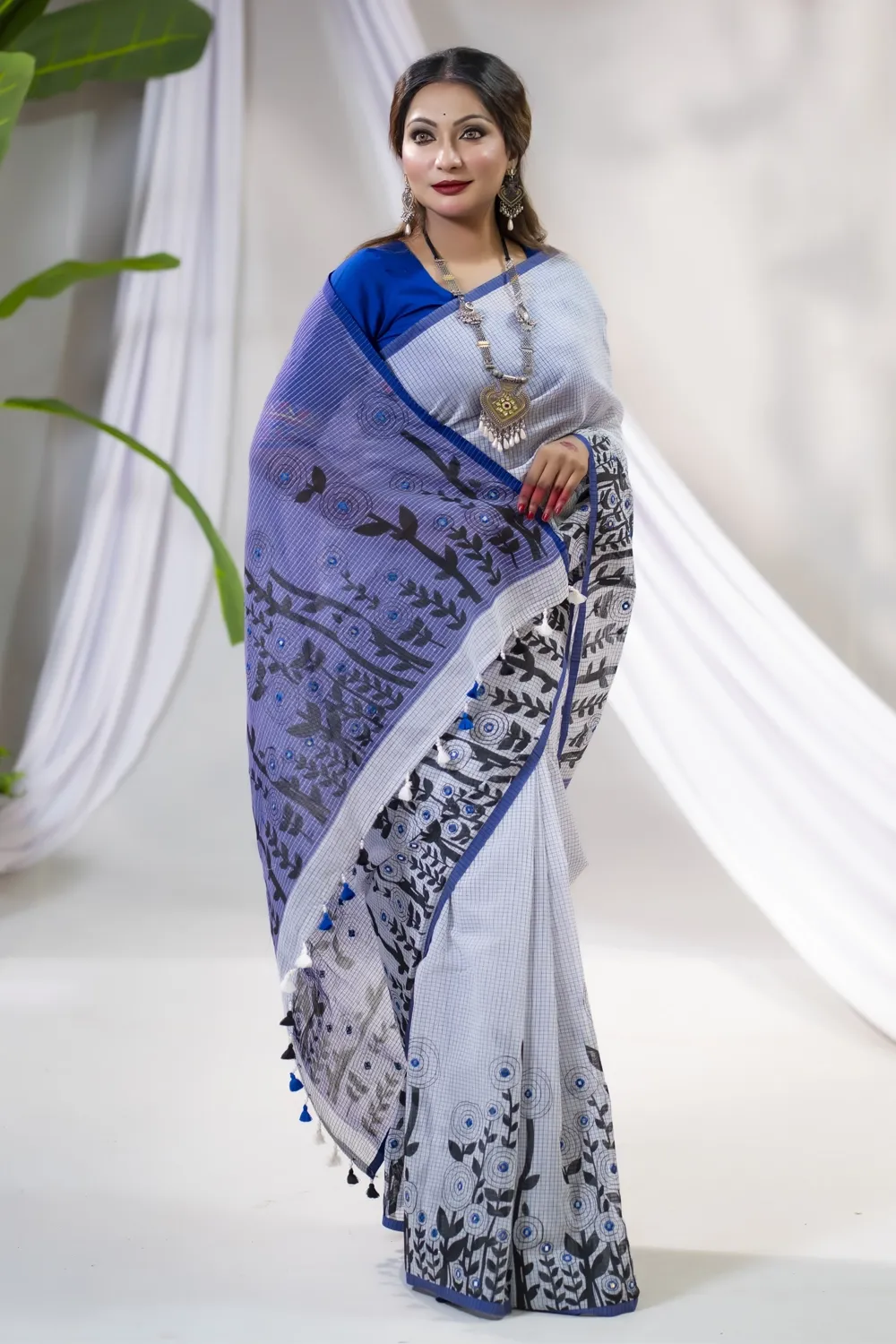 Black & White Half Silk Saree with Screen Print & Embroidery